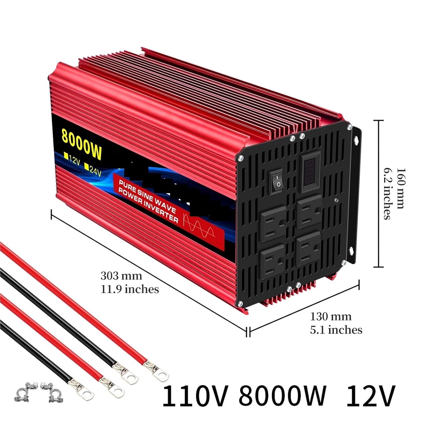 Pure Sine Wave Inverter 12V/24V to AC 110V 60Hz Car Power Tranfermer1600w-10000W Voltage Portable Converter with LED Display(12V 110V 8000W 60HZ)