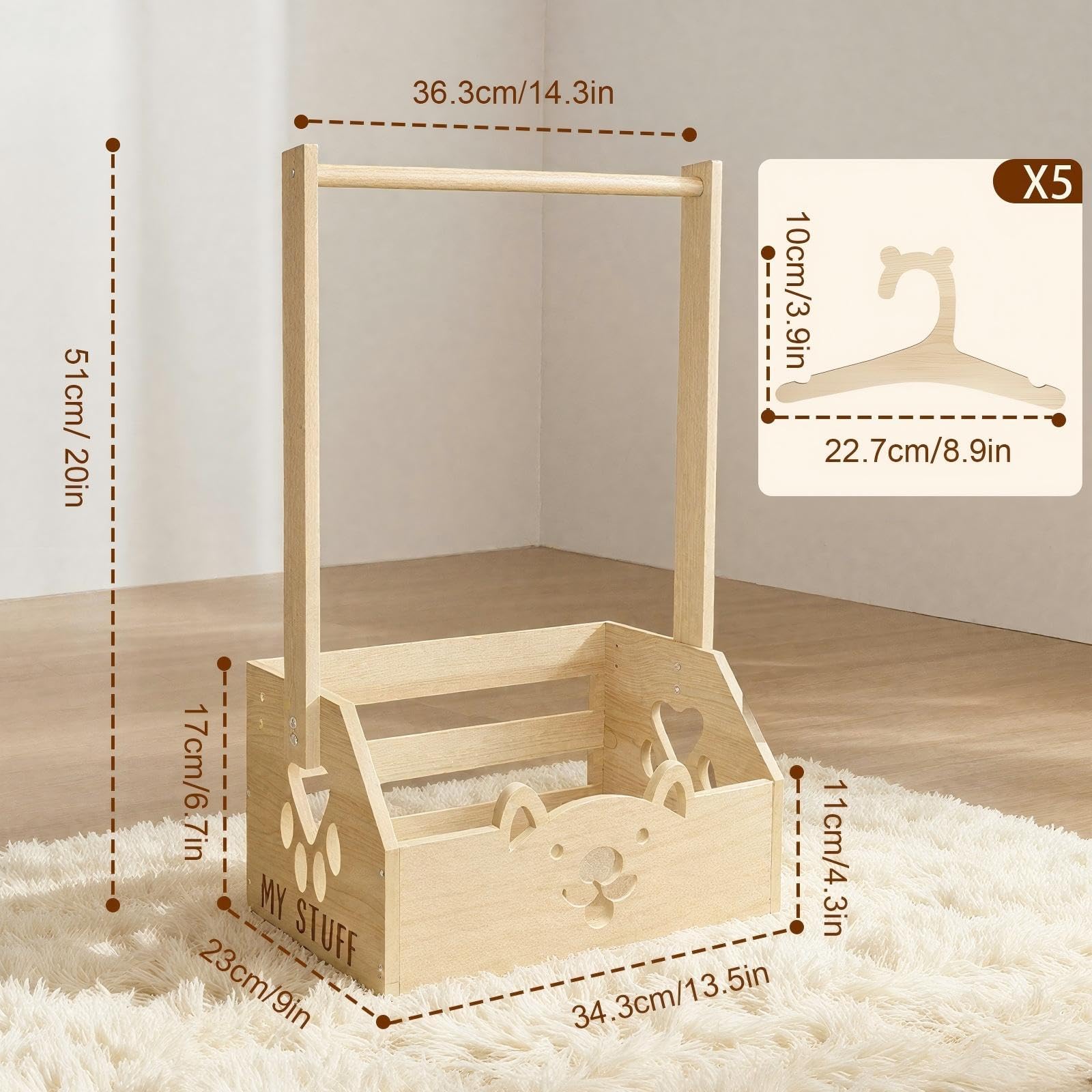 Geschenk Korb mit Griff,34x23x17cmHolzkiste Geschenk,Aufbewahrungskorb mit Hängestangen, Kleiderständer für Organisation und Aufbewahrung