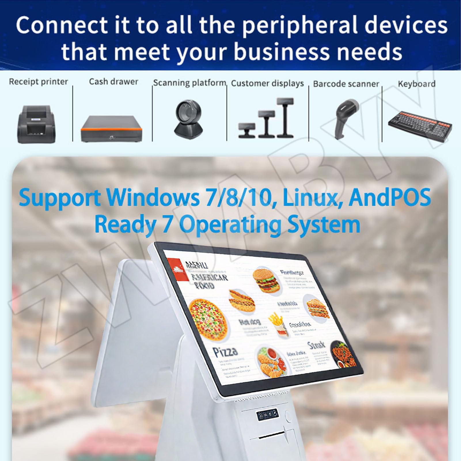 Monitor registratore di cassa POS All-in-One, doppio touch screen da 15,6 pollici, CPU I5, 8 GB di RAM, SSD da 128 GB, Windows, stampante termica integrata da 58 mm,per piccole imprese, ristoranti