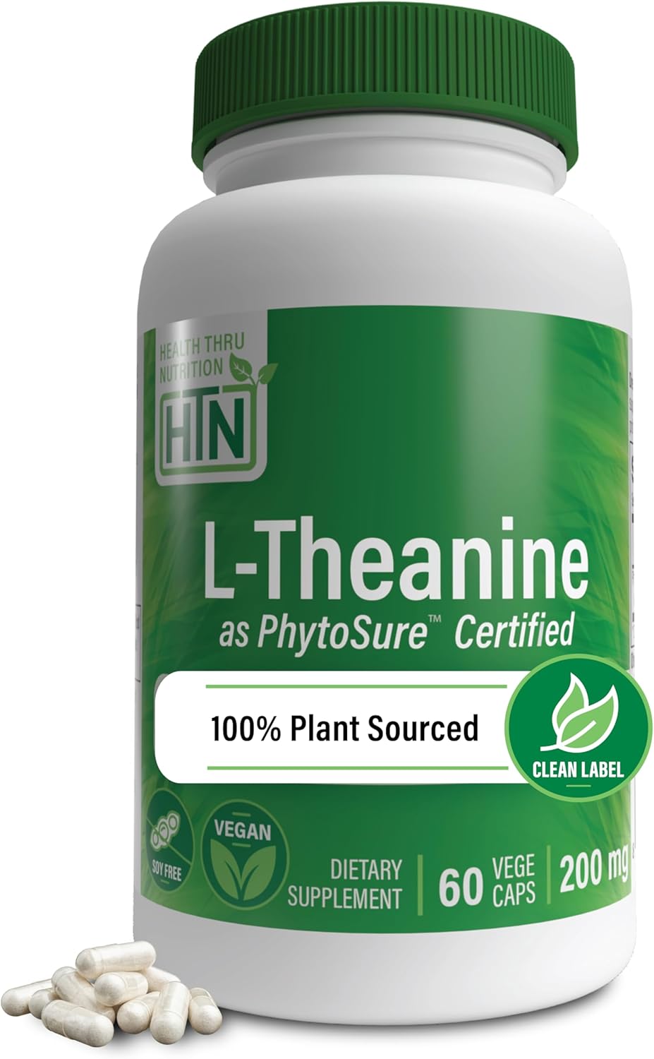L-Theanine 200mg Vegan as PhytoSure Certified | Supports Healthy Relaxation & Focus | 3rd Party Tested | Clean Label, Non-GMO, Gluten & Soy Free, Hypoallergenic | by Health Thru Nutrition (Pack of 60)