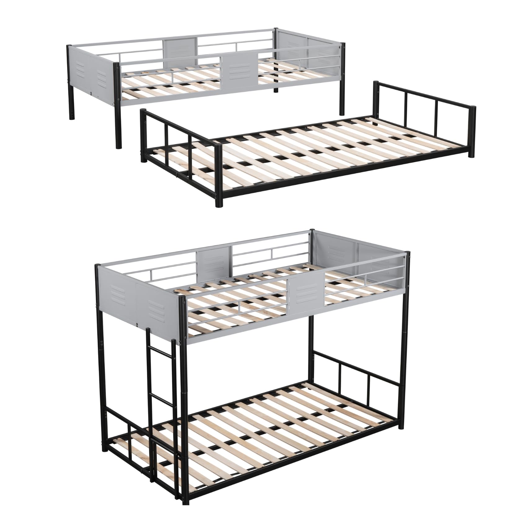 HSUFLWS Twin Over Twin Bunk Bed with Full-Length Guardrail and Vent Board, Heavy-Duty Metal Bunk Bed Convertible into 2 Separate Twin Beds for Kids, Student Dorms – Black