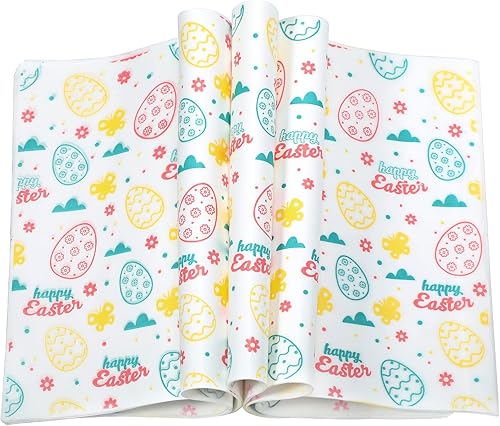 150 piezas de papel de cera blanca de Pascua con huevos de Pascua conejos flores mariposas papel desechable papel de caramelo papel de sándwich a