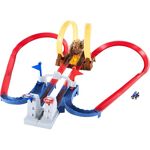 Hot Wheels Mario Kart Bowser’s Castle Chaos Modular Track with Side by Side Racing Lap Flags and Bowser Figure Connects to Other Sets Gift idea for Ages 3 Years and Older