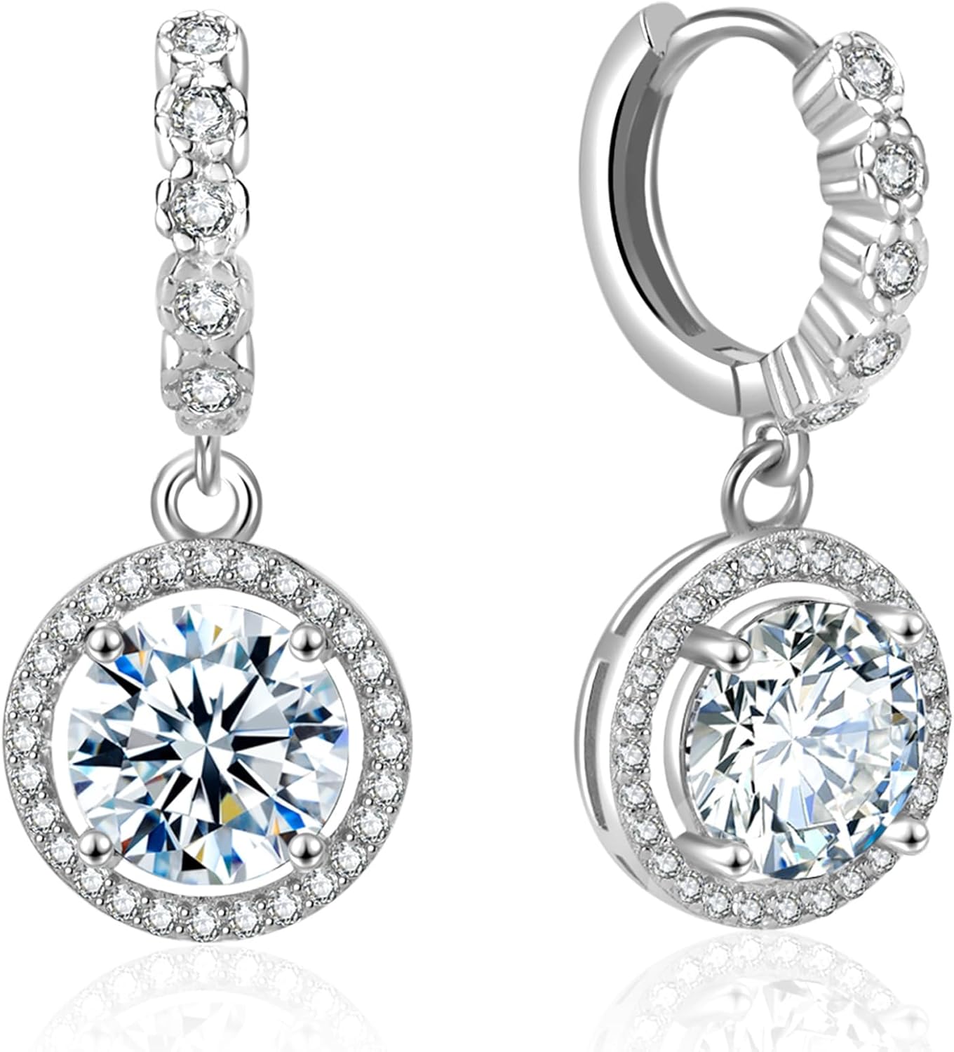 Moissanite Hoop Earrings for Women，2-6CT Halo Round 18K White Gold Plated 925 silver D Color Drop Earrings, Certificate Jewelry for Her Birthday Wedding