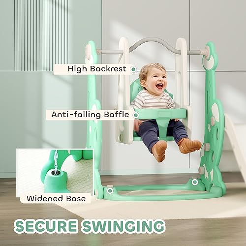 Miniatura 6 de Qaba Juego de tobogán y columpio 4 en 1 para niños de 1.5 a 4 años, juego para niños pequeños con escalador, aro de baloncesto, temática de cohete,