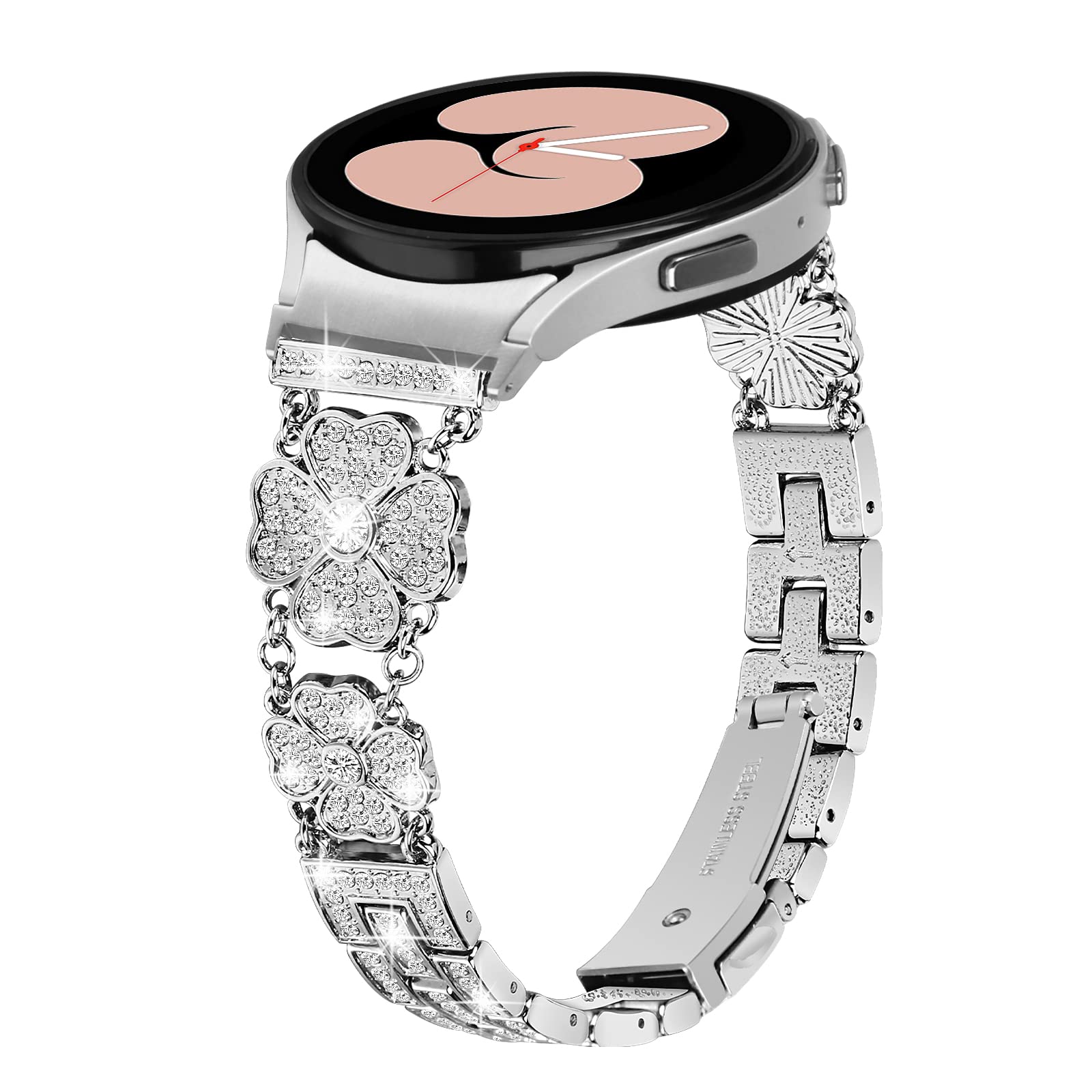 Aottom Compatible with Samsung Galaxy Watch 5/4 40mm 44mm, 5 Pro, Watch 4 Classic 42mm 46mm, 20mm Lucky Four Leaf Clover Bling Rhinestone Stainless Steel Metal Strap for Women Girl (Silver)