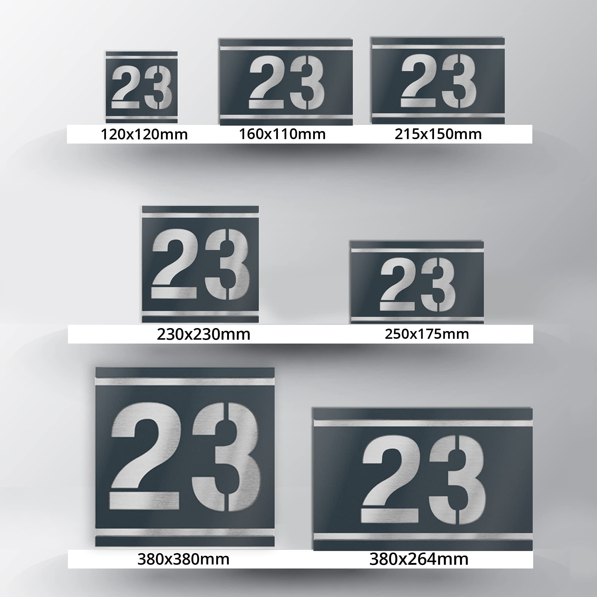 placa número para casa exterior – 230x230 mm, acabado antracita RAL 7016, acero inoxidable V2A (AISI 304), personalizable