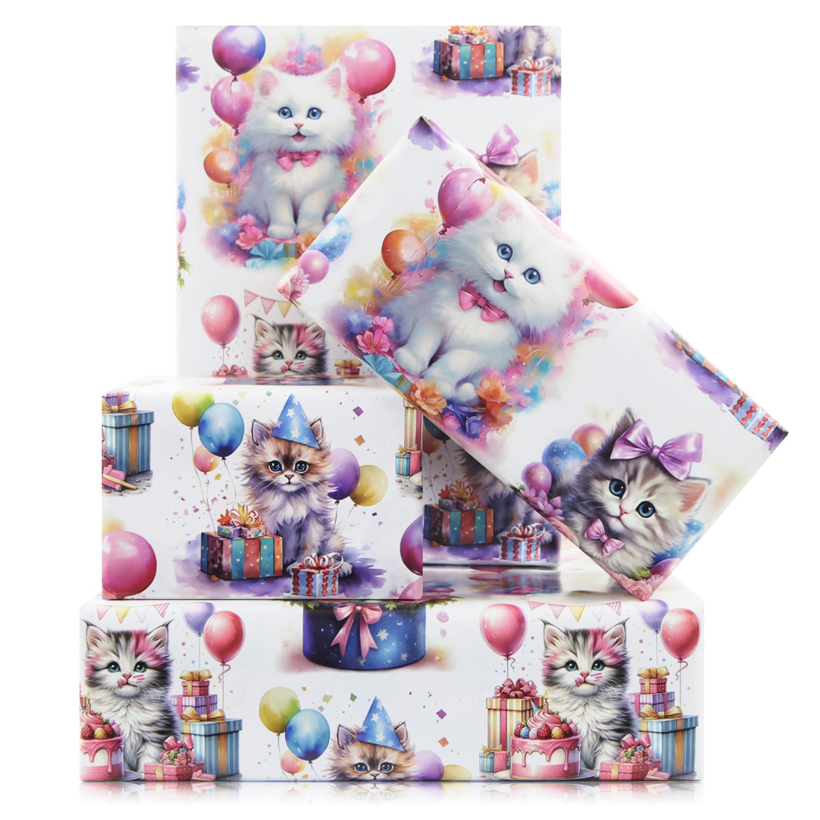 Cat Wrapping Paper for Girls Boys Kids, Colorful Cat Kitten Kitty Design Birthday Wrap Paper, 4 Sheets Folded Flat 50x70cm Gift Wrap Paper for Birthday Wedding Cat Party
