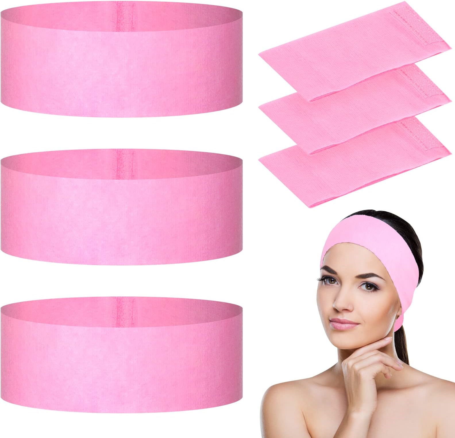128 Pieces Disposable Spa Facial Headbands Stretch Non-Woven Headband Soft Skin Care Hair Band with Convenient Closure for Women Girls Salons Esthetician Supplies, Pink Large