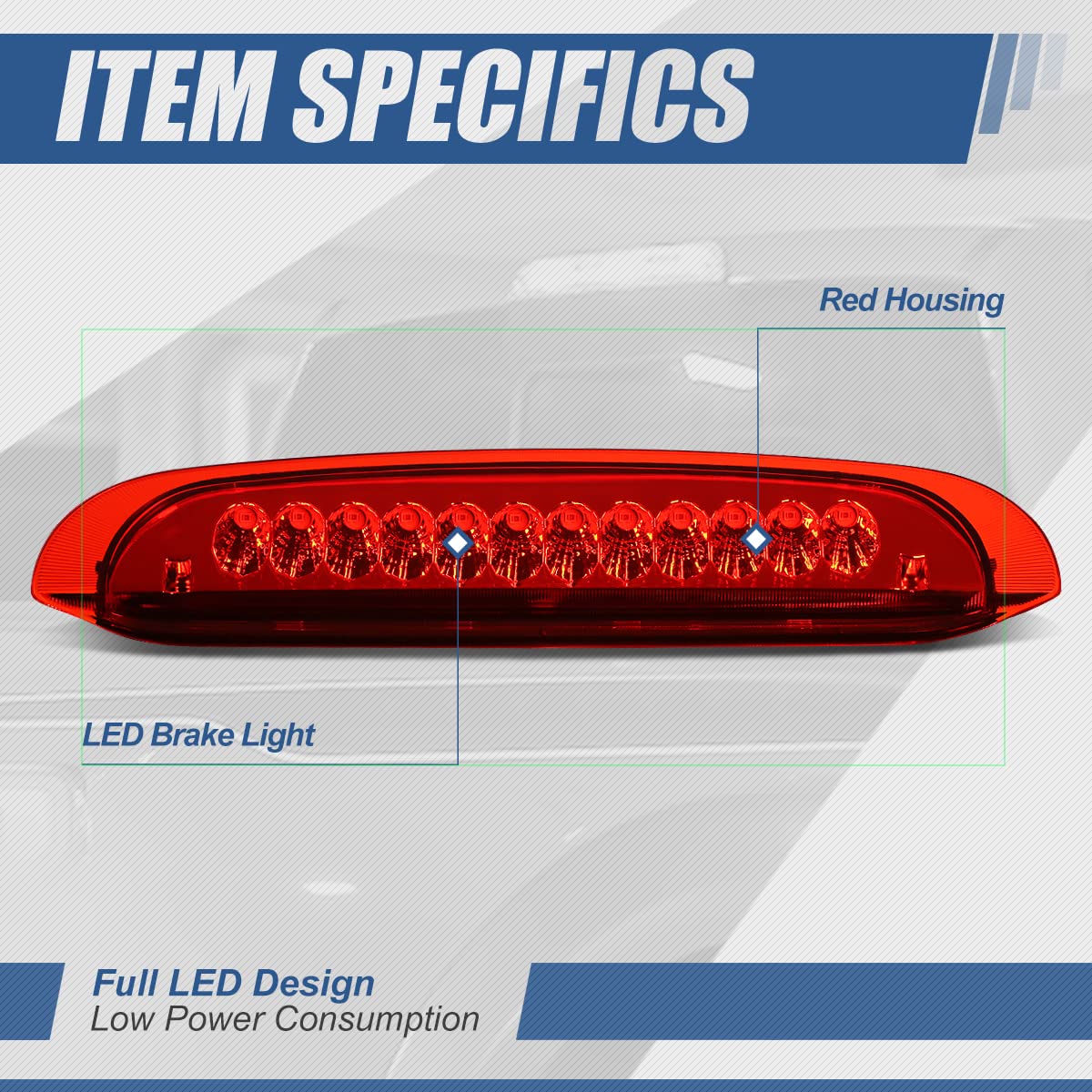 Auto Dynasty Full LED 3rd Third Tail Brake Light Rear Centre High Mount Stop Lamp Compatible with Ford Explorer 1998-2001, Chrome Housing Red Lens