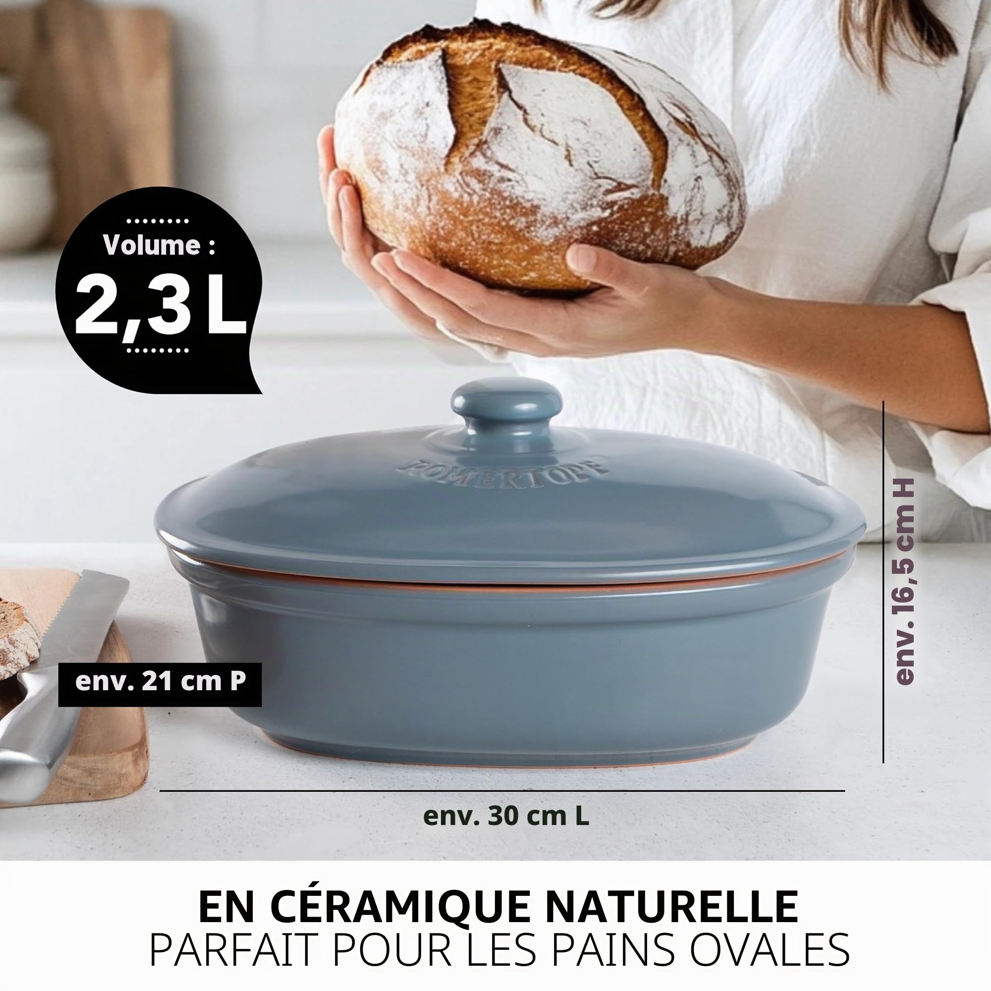 Römertopf Pot à pain en céramique naturelle, idéal pour ranger le pain et les pâtisseries 30x21x14,5 cm bleu-gris