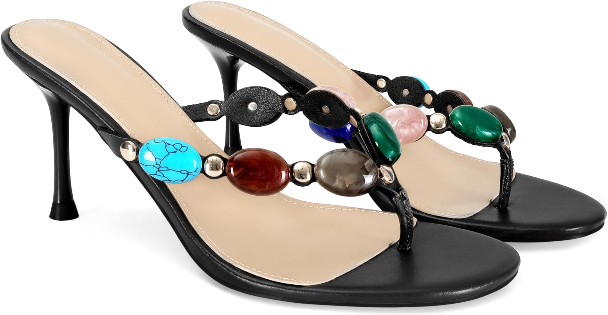 Jeweled Flip Flop Kitten Heels for Women Open Toe Beaded Strappy High Heels Sandals Slip On Thong Heeled Mules Mid Heel Fashion Party Dress Shoes
