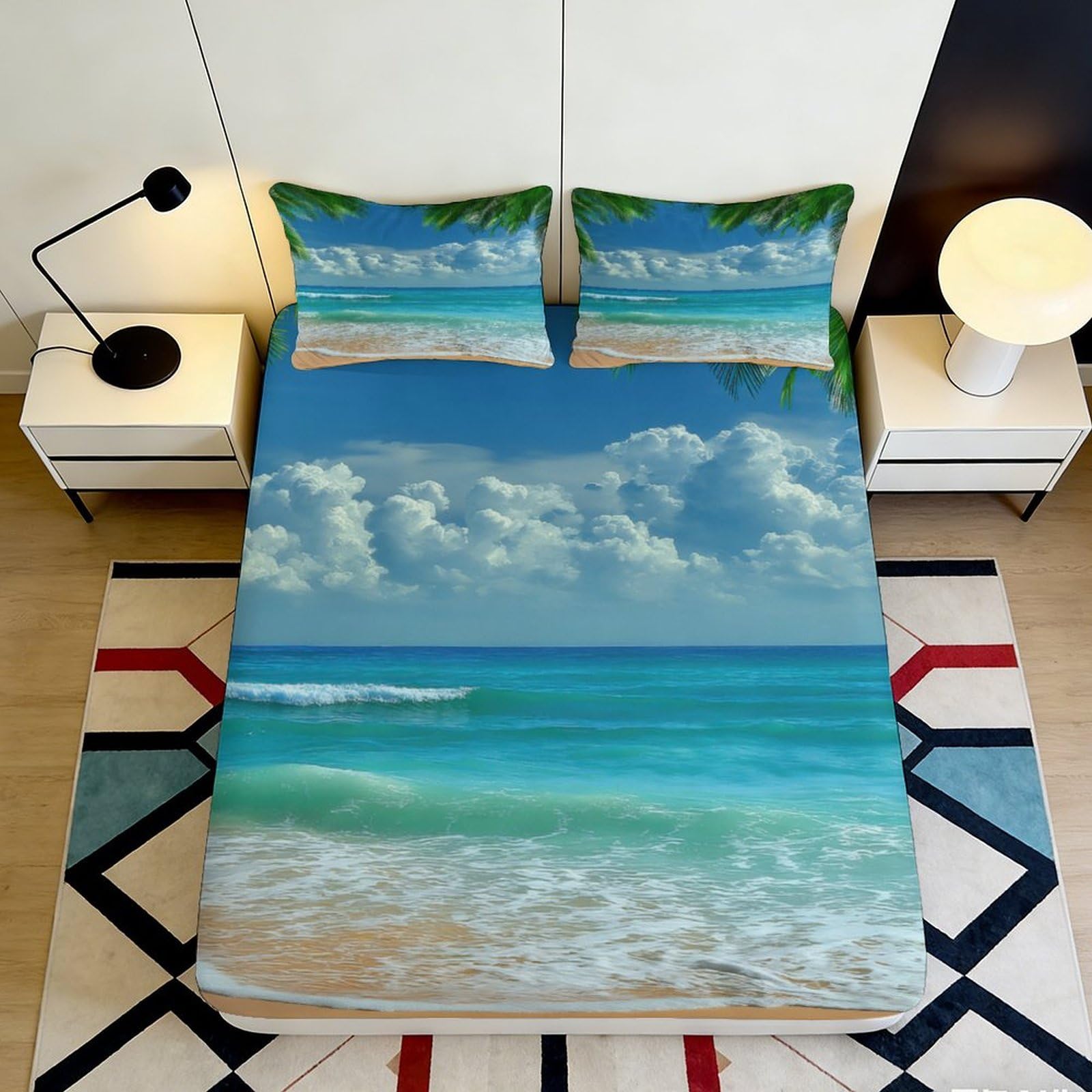 3D Printed Beach Scene Fitted Sheet Microfiber Deep Pocket Non-Slip Ocean Bedding For Adults Beach View Mattress Fitted Cover 200x200x25cm