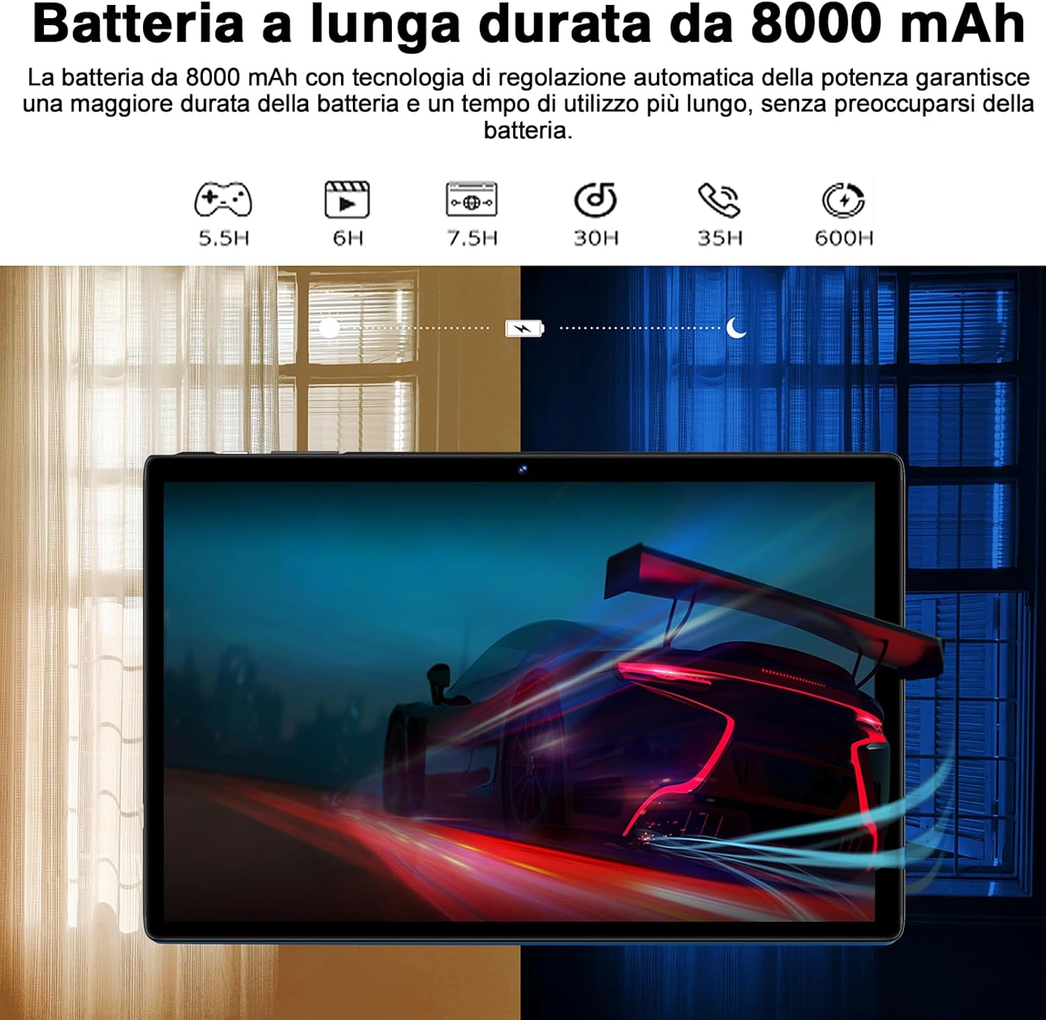 Image illustrating the long battery life of the 8000mAh battery, showing various usage times for gaming, video playback, music, and standby.