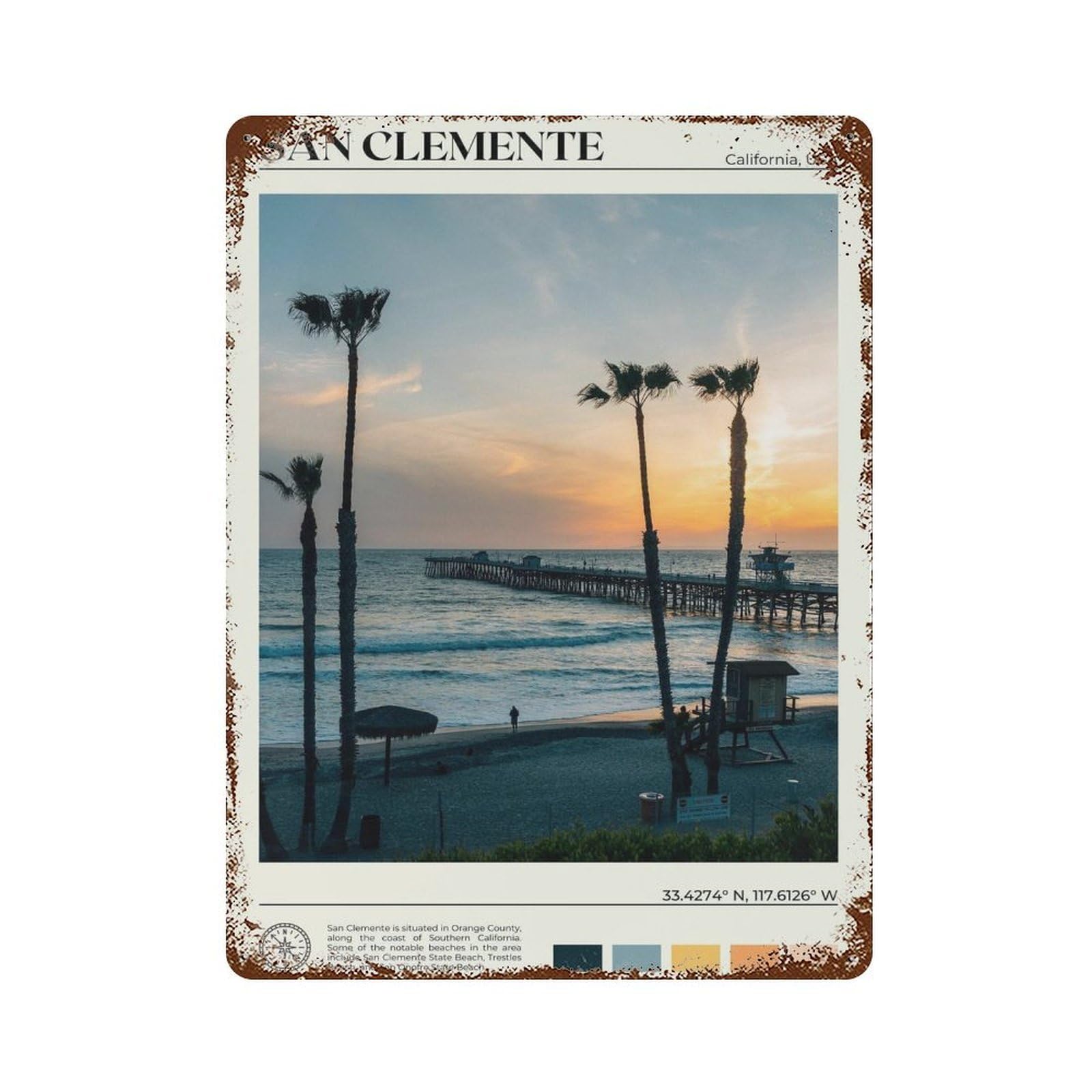 xiaoxiaoshen Real Photo San Clemente California Wall Decor Art Metal Tin Poster Modern Home Decor Art Home Bar Shop Decorations Vintage Sign 40x30cm