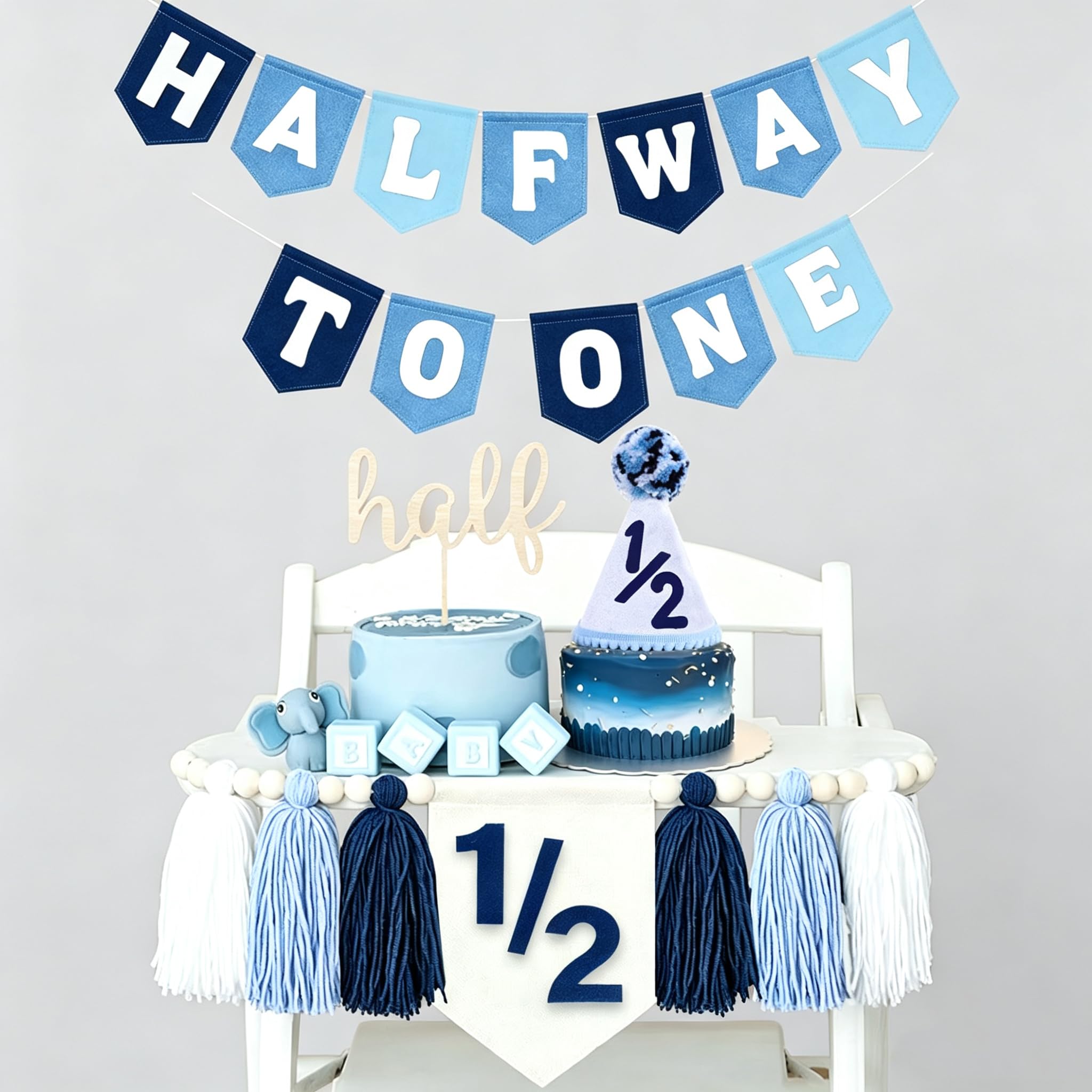 Half Birthday Decorations For Boys -Half Way To One Baby Boy Decorations With 6 Months Birthday BannerHigh Chair Banner 1/2 Birthday Cake Topper & Party Hat 6 Month Photo Props(Blue Half)