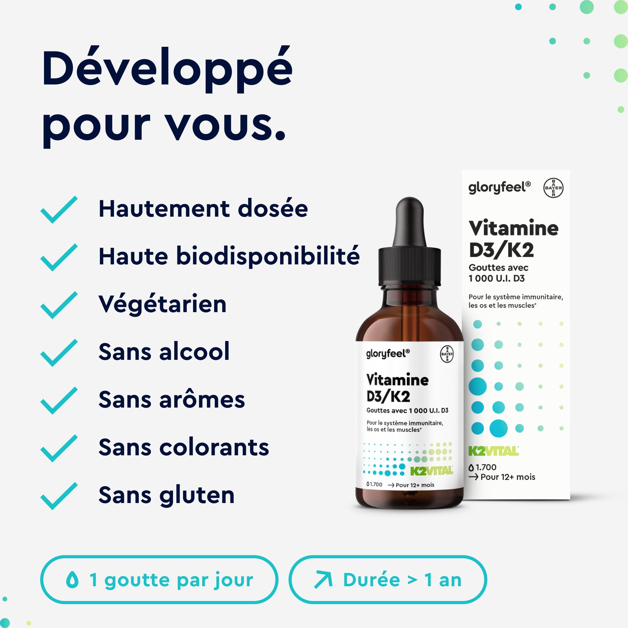 Vitamine D3 K2 en Gouttes 50ml, K2 MK7 99,7+% All-Trans (K2VITAL® by Kappa) Hautement Dosée, Soutien les Os, les Dents et le Système Immunitaire, 100% Végétalien, Sans Additifs