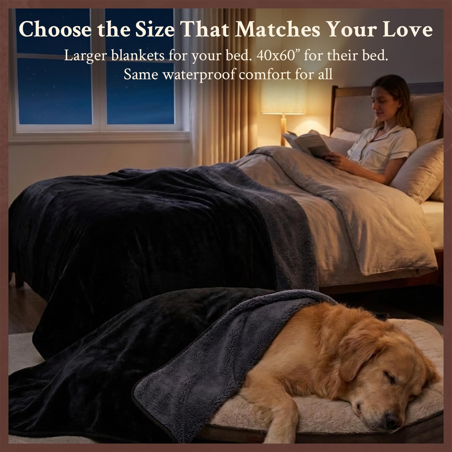 Waterproof Blanket for Bed, Couch, Sofa - Plush Throw Blanket to Protect Furniture, Stain Resistant, Leak-Proof, Double-Sided Flannel & Sherpa Fleece, Reversible Black & Grey, 40"x60"