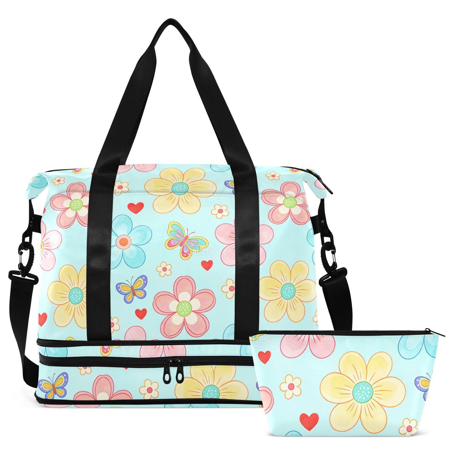 2-teiliges Set mit bunten Blumen, Gepäck, Reisetasche, Handgepäcktasche mit Kulturbeutel für Geschäftsreisen