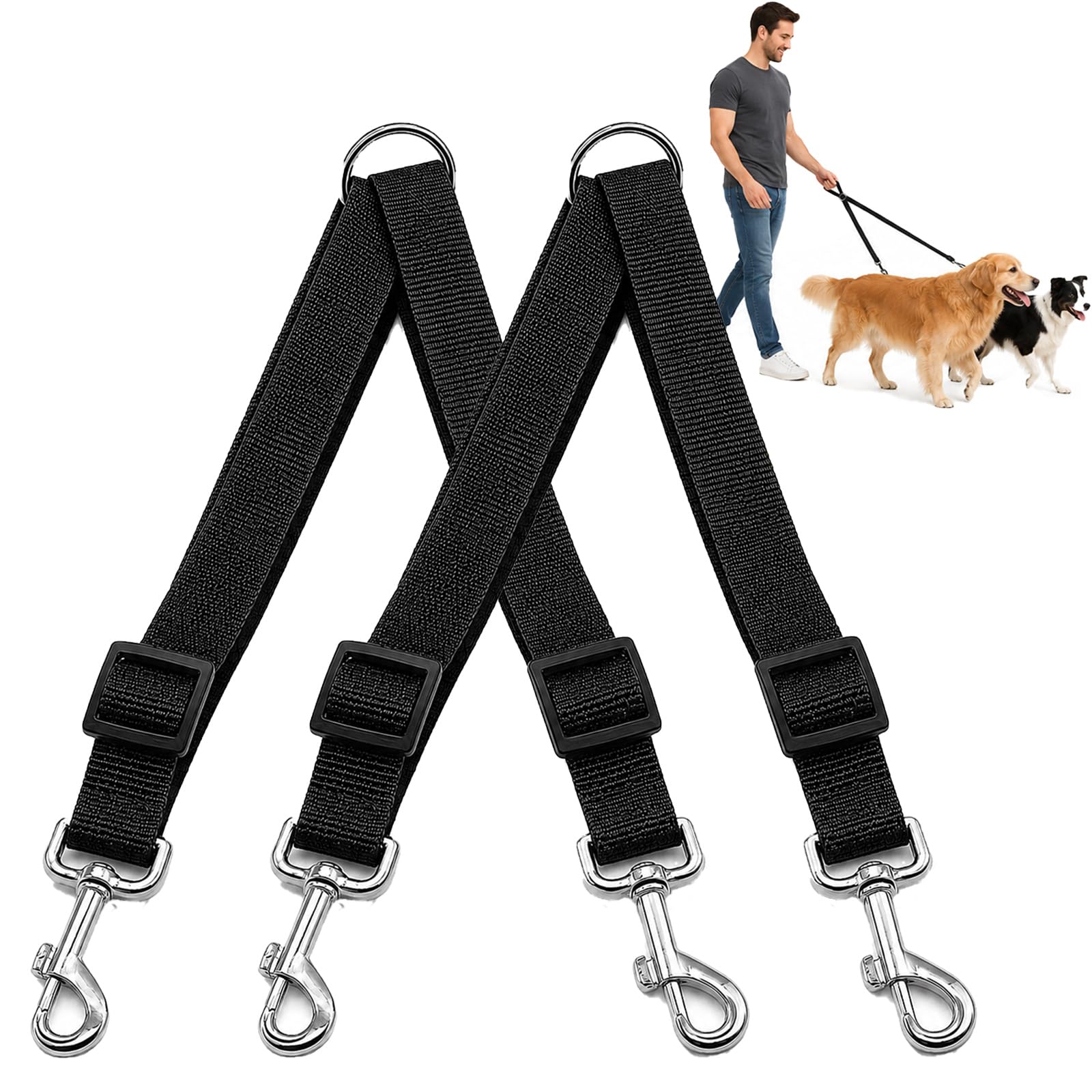 2 PCS Double Dog Lead for Walking Dogs - No Tangle 360 Degree Swivel Rotation, Adjustable Nylon Leash Converts to Single, Reflective Stitching for Medium Large Daily Outdoor (Black 2 PCS)