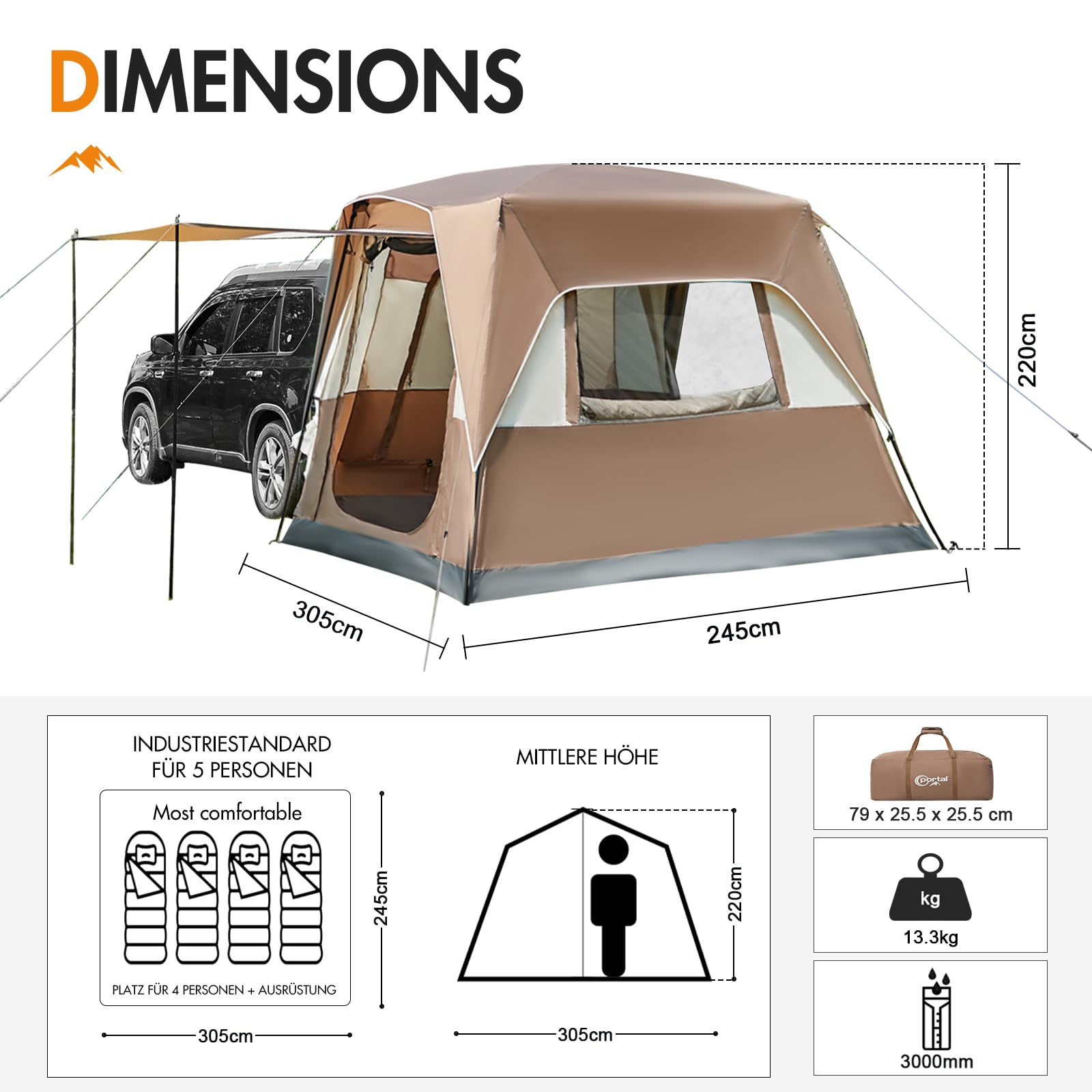 PORTAL Heckzelt 4-5 Personen 2 in 1 Auto Zelt mit Sonnensegel 305x245x220cm 2000mm wasserdicht Familienzelt Festivalzelt für Auto Reise Camping