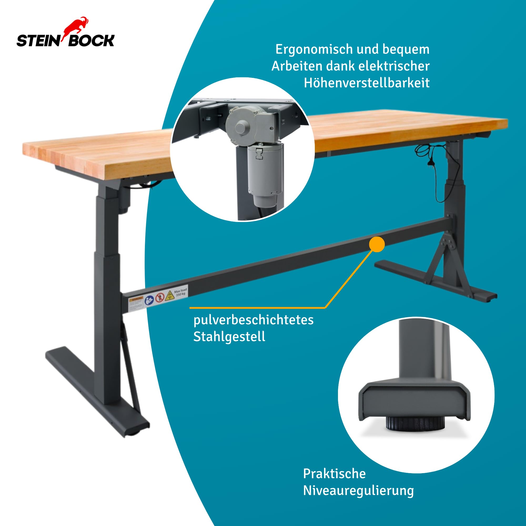 Steinbock elektrisch höhenverstellbare Werkbank e-Adjust | 350 kg Tragkraft | HxBxT 70-117 x 200 x 75 cm | Staubgrau | stabiles Stahlgestell | 5 cm Starke lasierte Holzplatte | Arbeitstisch