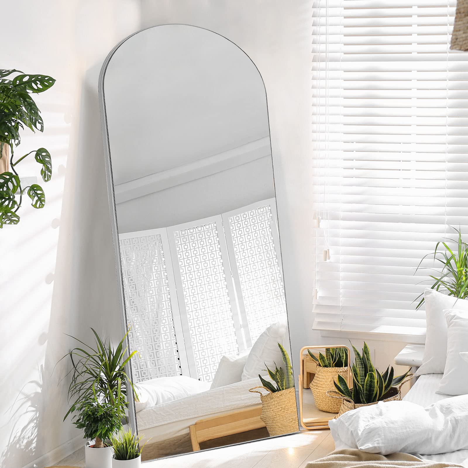 PexFix Arched Full Length Mirror,Floor Body Mirror with Stand,Full Length Wall Mirror with Wood Frame,Dressing Mirror for Bedroom,Silver,64''×21‘’ (USAM019)
