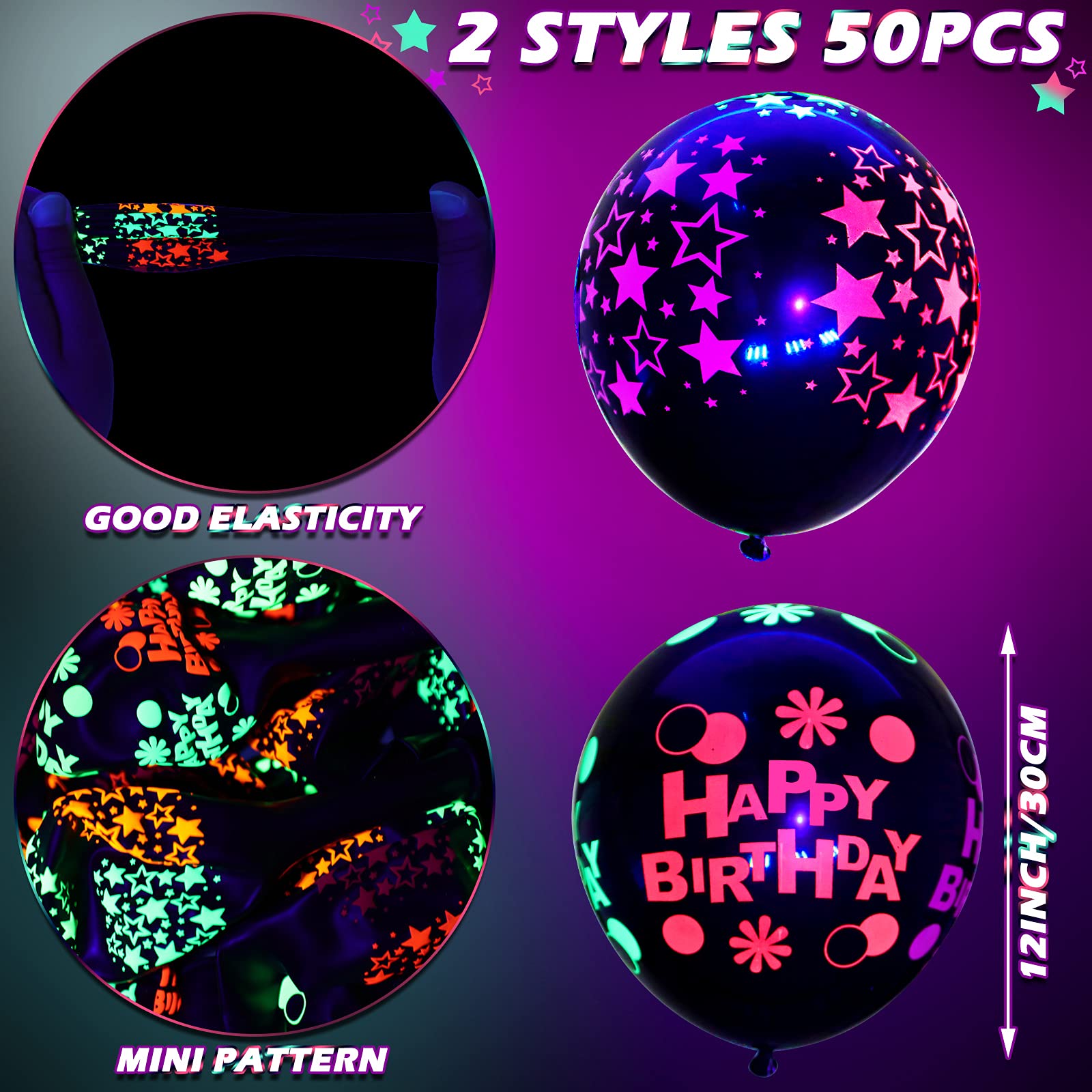 Wettarn 50 Pieces 12 Inch Neon Glow Balloons Blacklight Reactive Fluorescent Mini Star Balloons