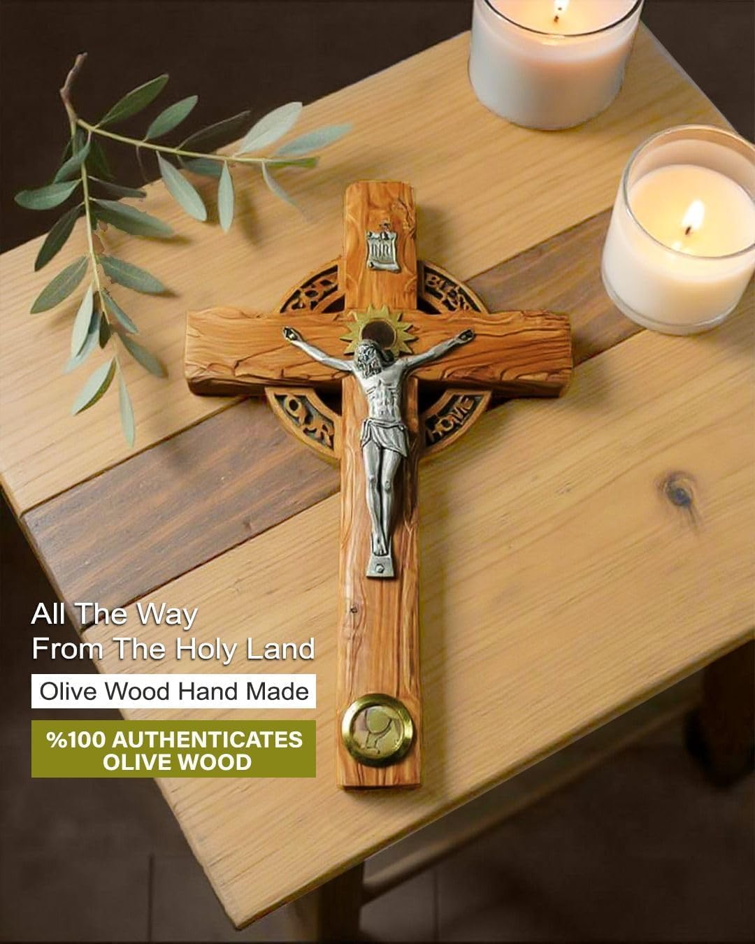 Olive Wood Crucifix, Wooden Cross for Wall Decor Hand Carved in the Holy Land, Surrounded with God Bless our Home Christian Gift for Family, New Home (10x6)