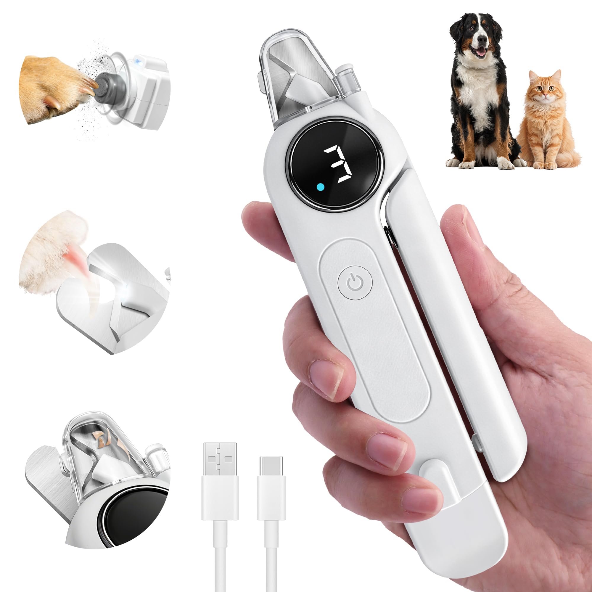 2-in-1 Dog Nail Clippers & Grinder with Light, Quiet Electric Pet Nail Trimmer for Large Medium Small Dogs & Cats, 3 Speeds, Rechargeable, Splash Guard & Safety Lock, Painless Grooming Tool (White)
