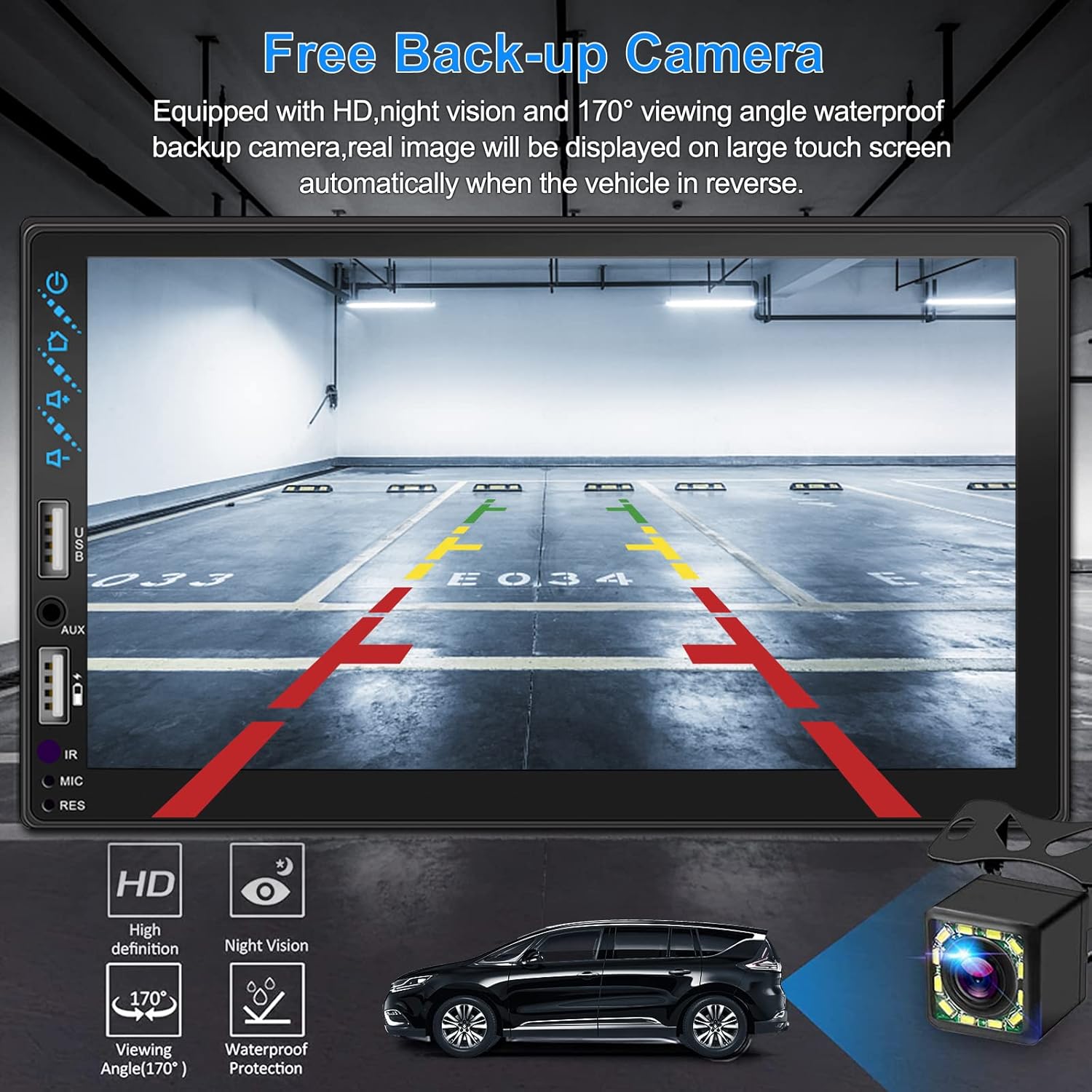 Car stereo display showing a backup camera view with parking guidelines, alongside an image of the included waterproof backup camera
