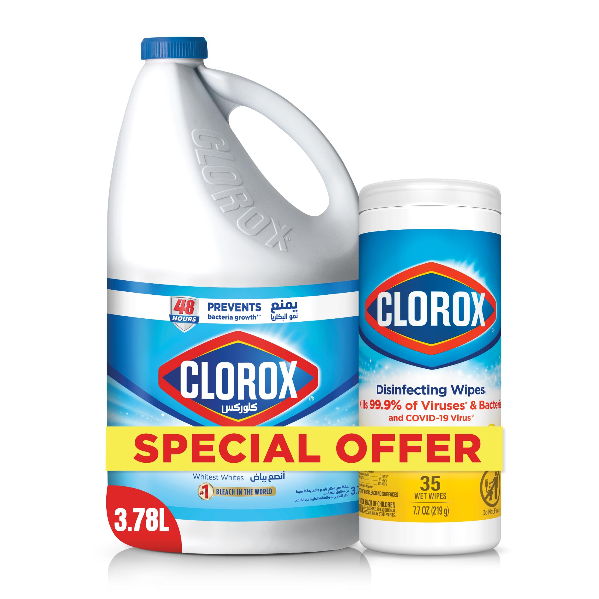 CloroxBleach Liquid Original Scent, 3.78L, and Clorox Disinfecting Wipes, 35 Wet Wipes, Crisp Lemon