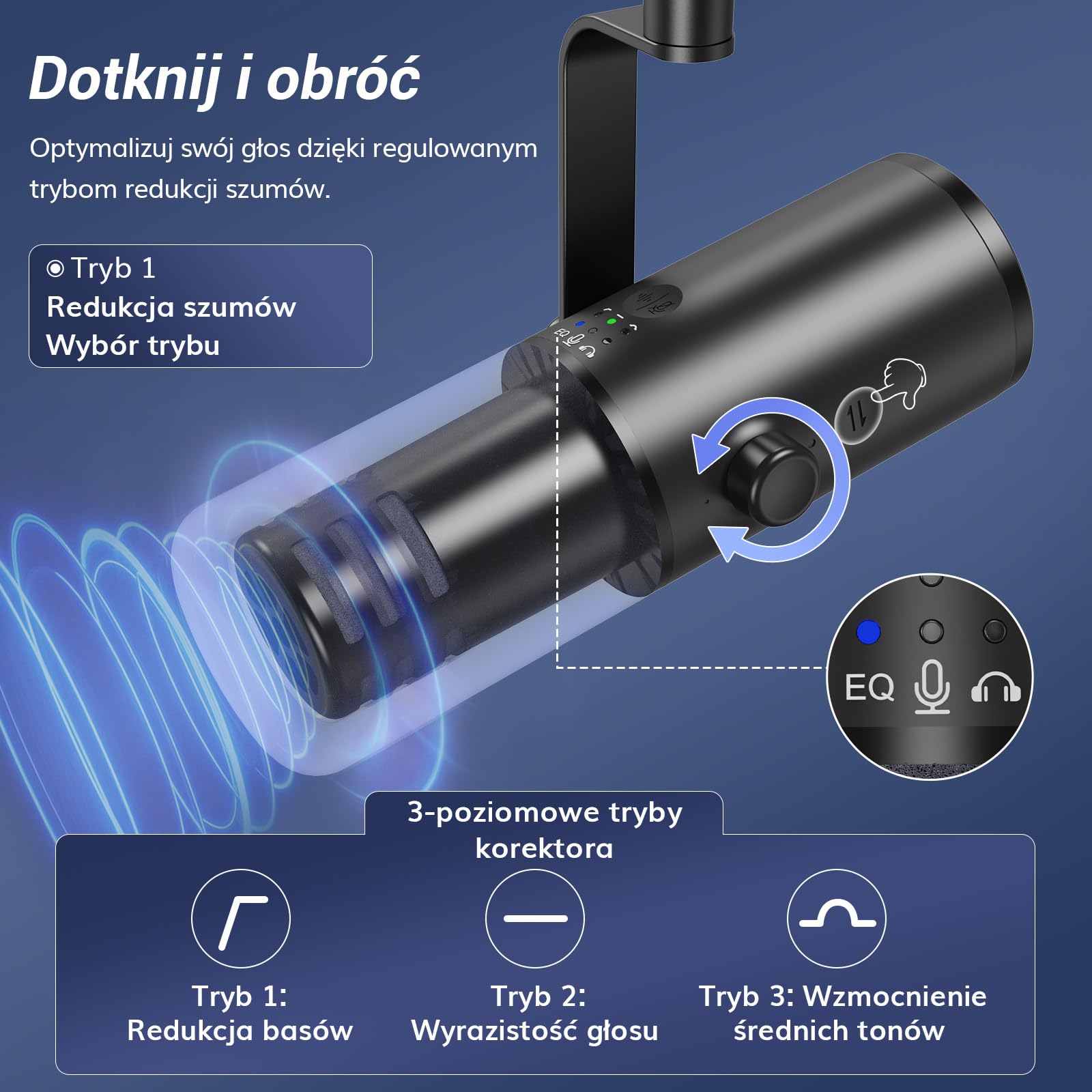 TONOR Dynamiczny mikrofon podcastowy do studia, mikrofon kardioidalny XLR/USB, redukcja szumów AI, wyciszanie, gniazdo słuchawkowe 3,5 mm do monitorowania, regulacja głośności, mikrofon z podstawką
