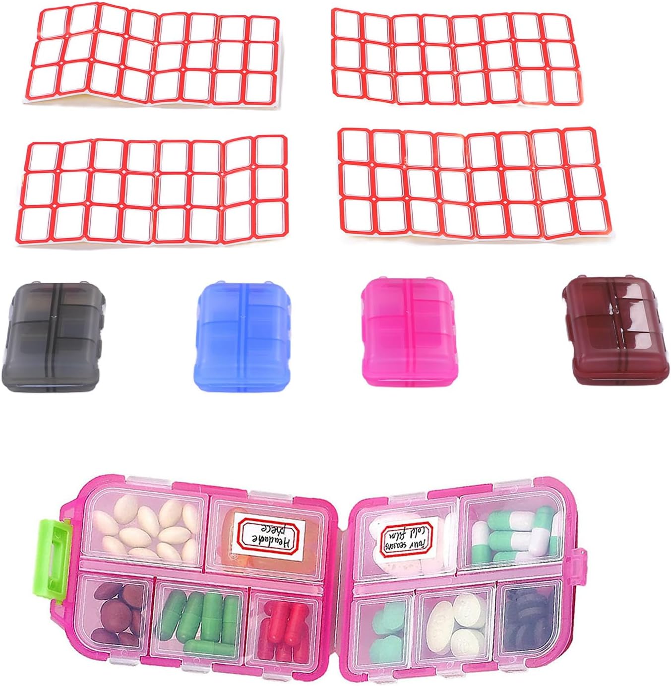 ZJchao Tablets Organizer, Portable Folding Tablets Box Case with 96 Labels 10 Compartments for Travel Home Use Vitamins Jewelry Storage (Brown Grey Blue Pink)