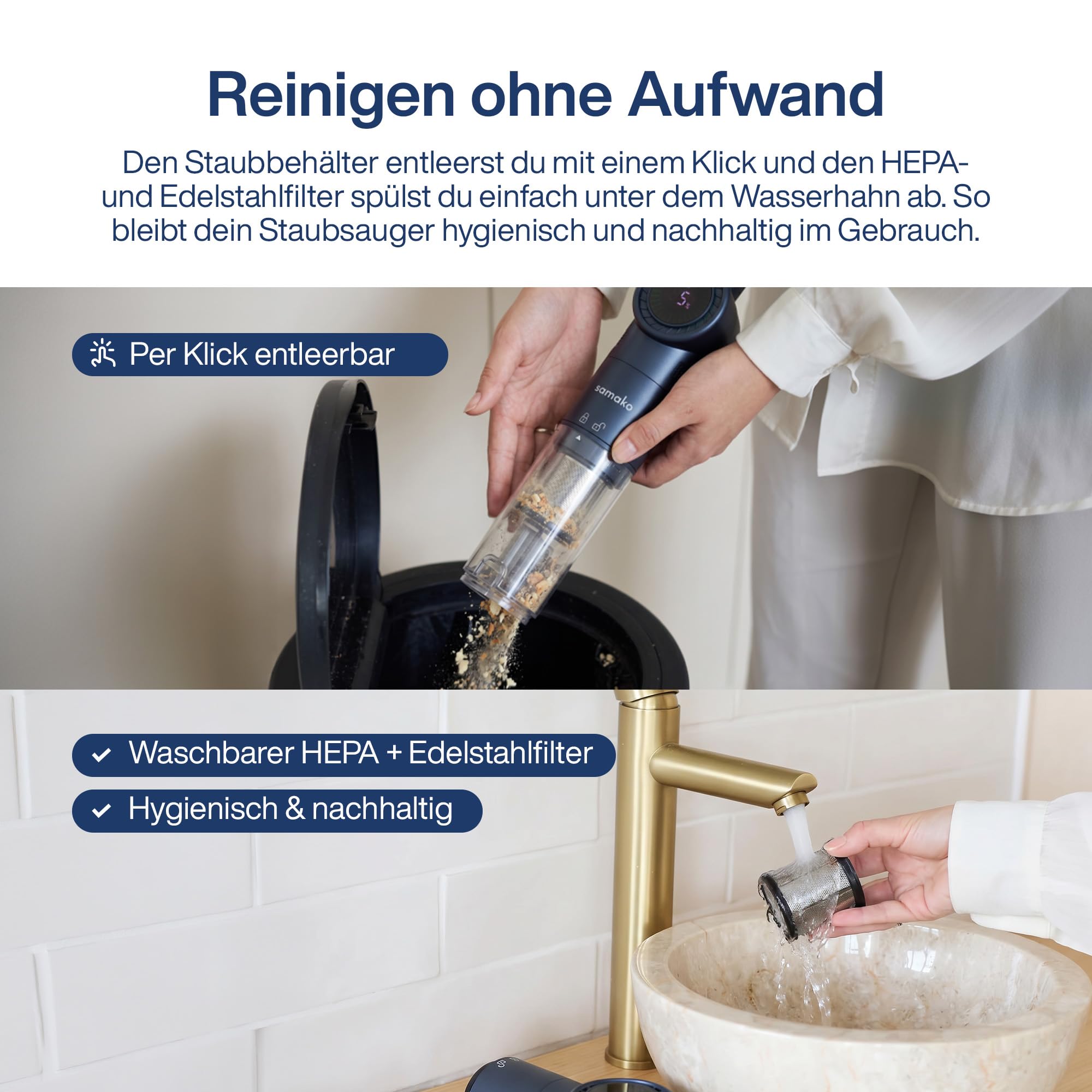 Samako Akku-Staubsauger, 13,5 kPa mit LED-Anzeige NanoDetect Pro Staubsauger, Ultraleicht (0,85 kg), HEPA-Filter, Ladestation, Fugendüse und Flexibler Schlauch für Auto, Sofa und Haushalt