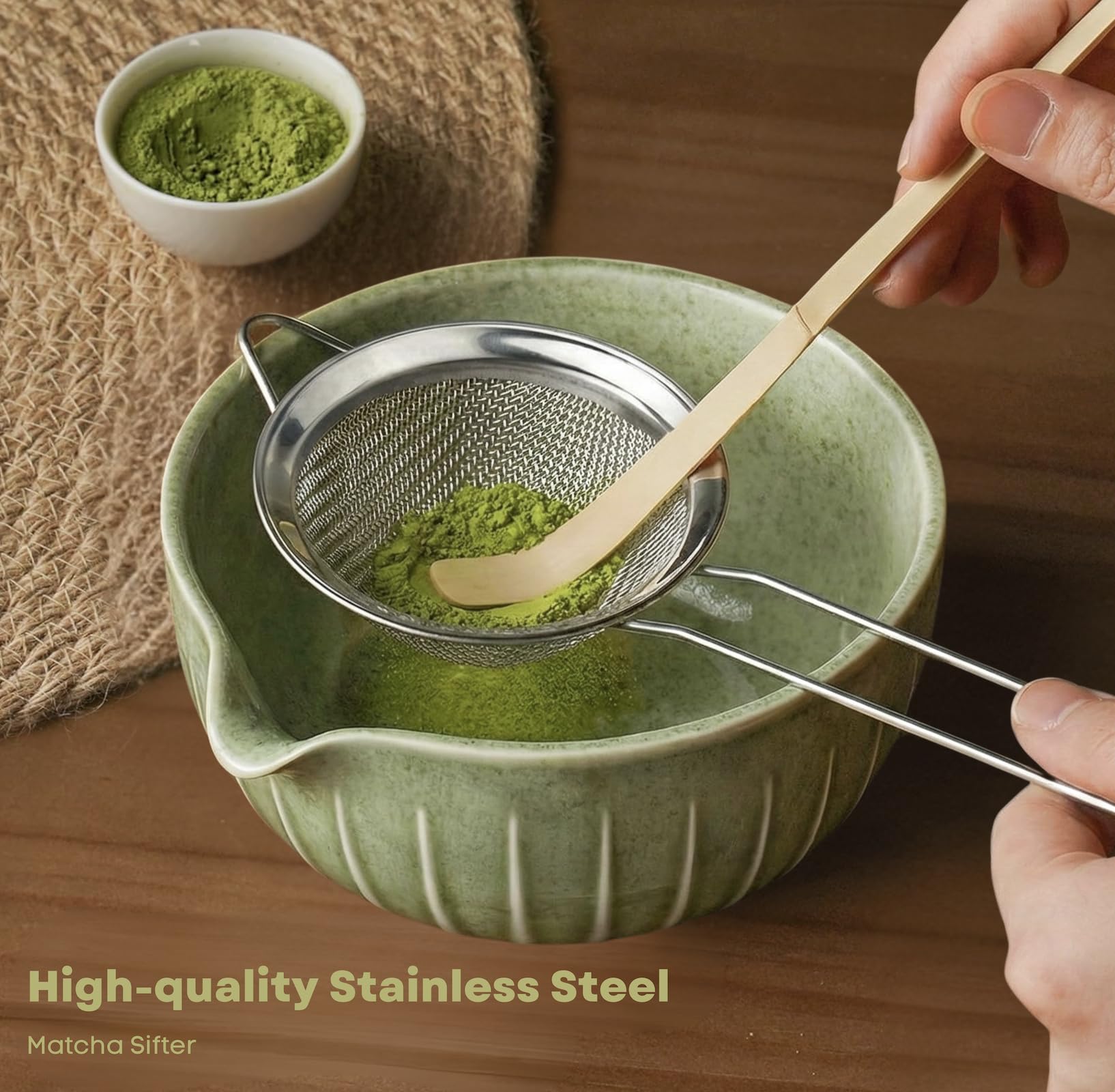 Matcha Whisk Set with Matcha Bowl - Matcha Set Included Electric Frother, Bamboo Whisk, Matcha Spoon, Bamboo Holder, Sifter, Spoon Stand (Mottled Green)