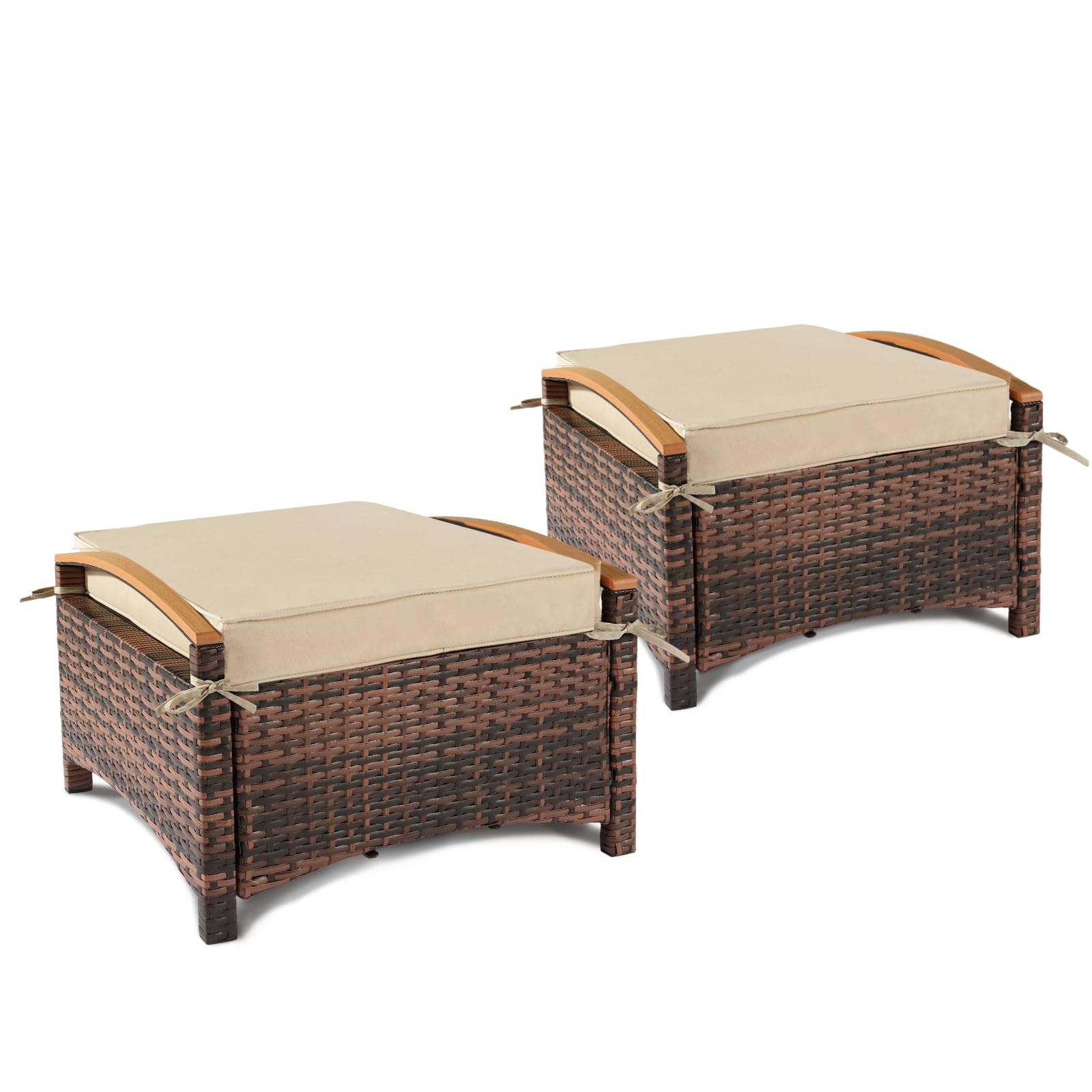 VINGLI Wicker Outdoor Ottoman Set of 2, All Weather PE Rattan Footstool for Patio w/Removable Cushions, Waterproof Rattan Foot Rest for Garden,