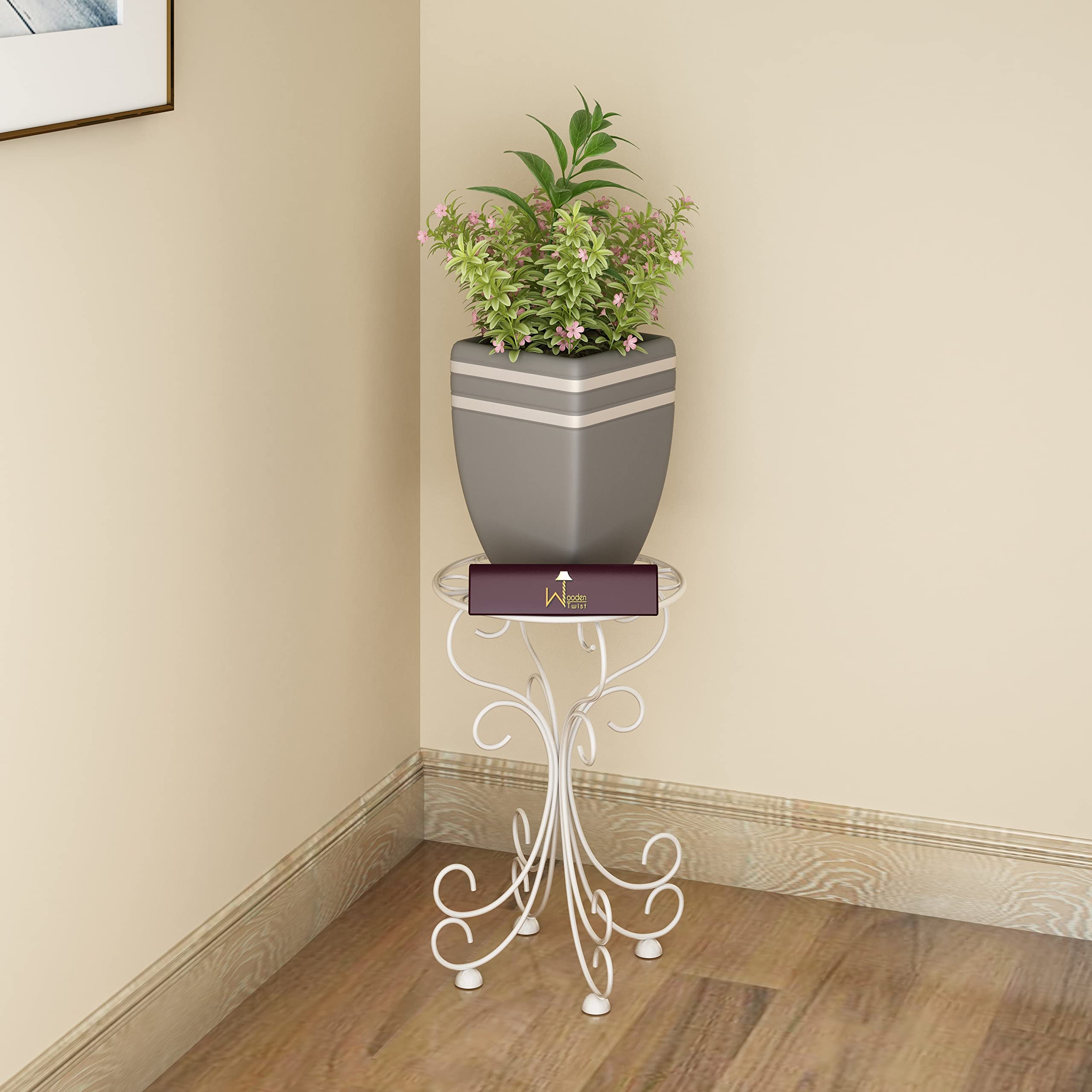 Wooden Twist Metal Plant Stand Patio Indoor Outdoor Wrought Iron/Flowers Planter Shelf (1 Tier White) (B09KM5KLL1) Amazon Price History, Amazon Price Tracker