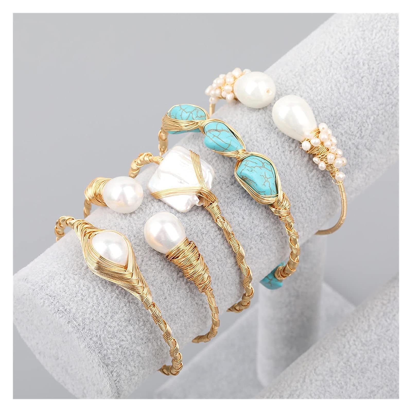 GXNRHG MOCHAMIK joyería Cuentas Gruesas de Turquesa Natural Puño Abierto de Oro para Mujer Cuentas de Perlas Barrocas Brazalete Abierto Pulseras de joyería (Color: D) Happy House