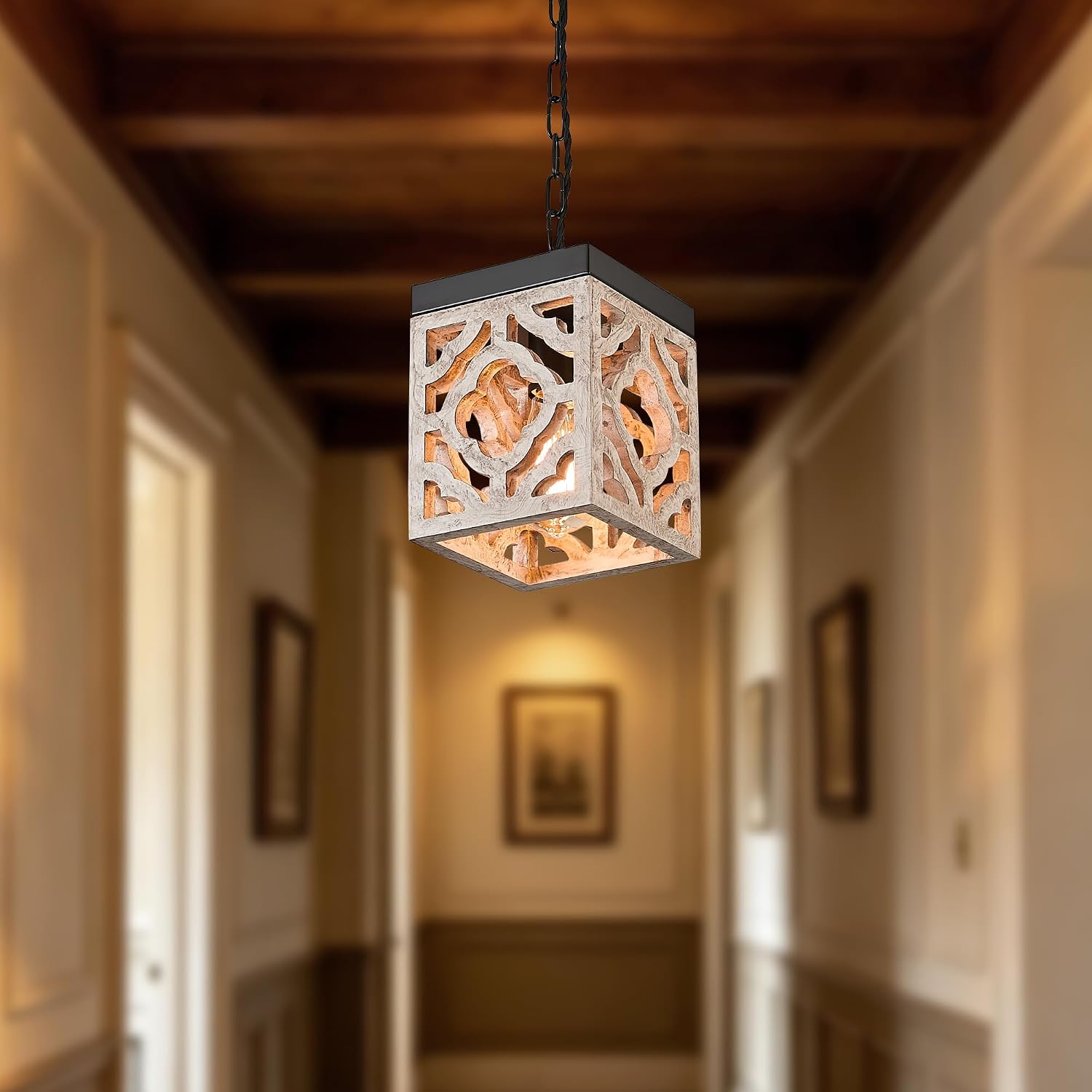 Tarentlight Rustic Wood Hanging Light Plug in, Adjustable Chain Boho Lamp with 13.8FT Cord & On/Off Switch, Farmhouse Pendant Lighting for Kitchen Island Livingroom Diningroom Hallway Bedroom.
