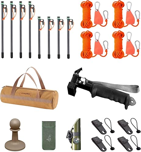 Miniatura 10 de Tienda de campaña portátil para exteriores, juego de lujo 8 en 1, cuerda resistente al viento, clavo de tierra para tienda, martillo de campamento,