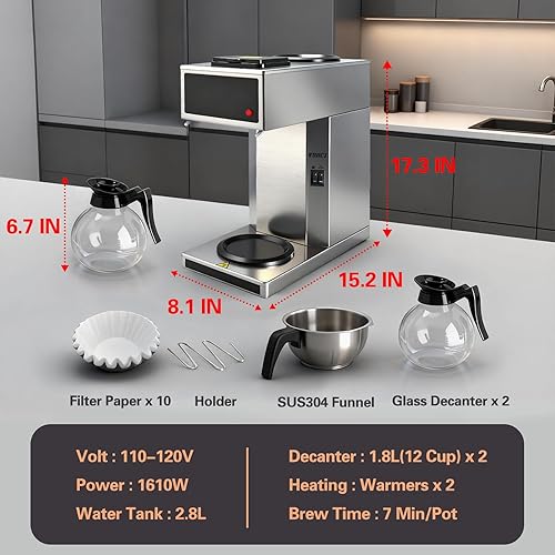 Miniatura 4 de VONCI Cafetera comercial de 1610 W, cafetera de goteo de 12 tazas, 2 jarras de vidrio y 2 calentadores, carcasa y embudo de acero inoxidable,