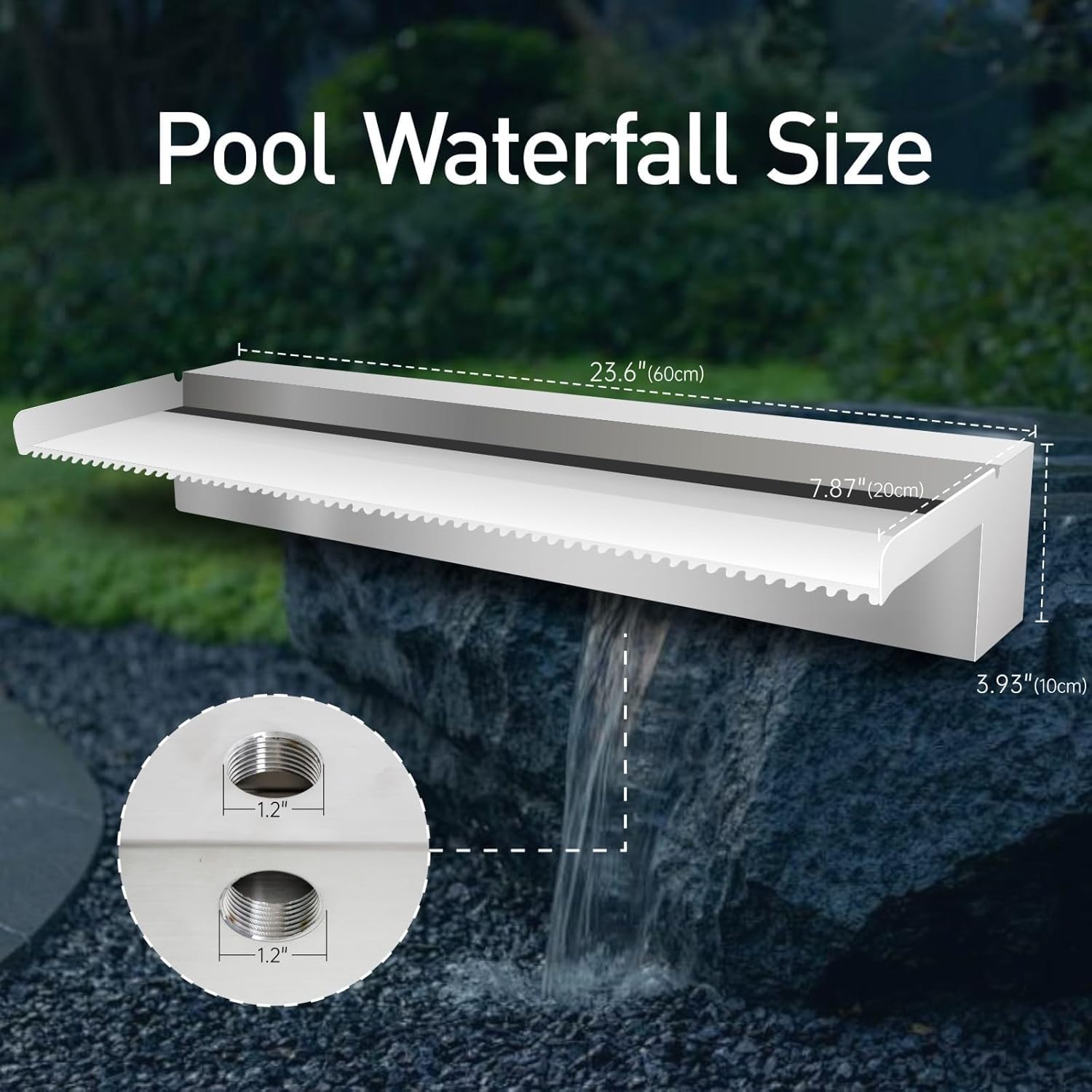 24\" Stainless Steel Pool Fountain & Pond Waterfall | Outdoor Garden Water Feature | No LED Light