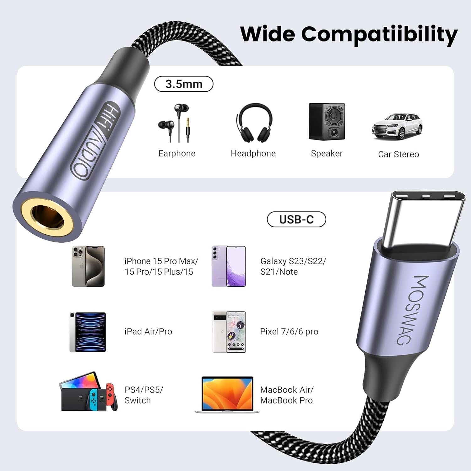MOSWAG USB Type C to 3.5mm Female Headphone Jack Adapter, USB C to Aux Female Audio Dongle Cable Cord Compatible with iPhone 16 Pro 15 Pro Max, Samsung Galaxy S25 S24 Ultra, Note 20, iPad Pro, Pixel