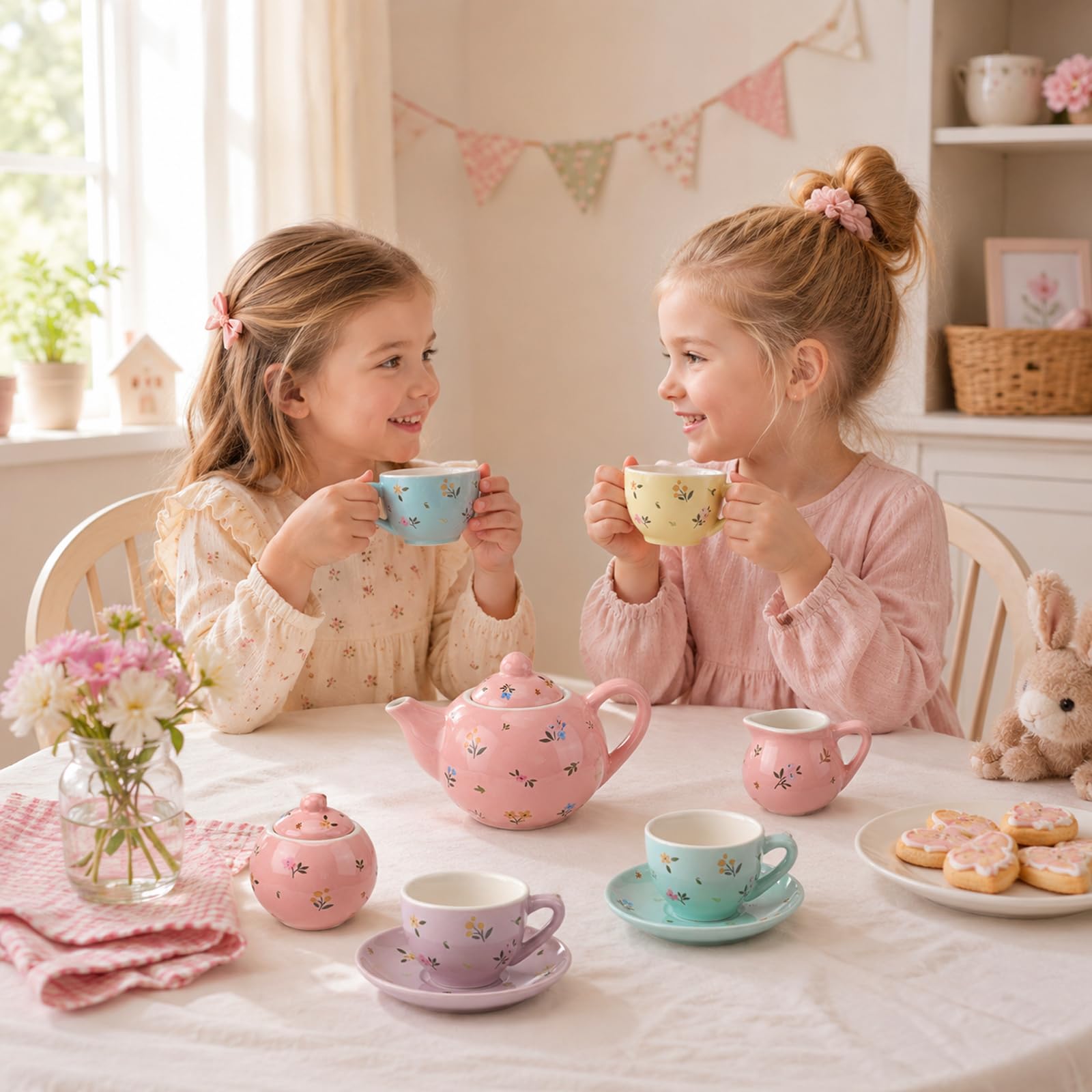 CHENP.HMC Juego de fiesta de té para niñas pequeñas, juegos de 13 piezas para fiesta de té de lata con tazas, platillos, platos y bandejas para servir, regalo de cumpleaños para niñas (HWC)