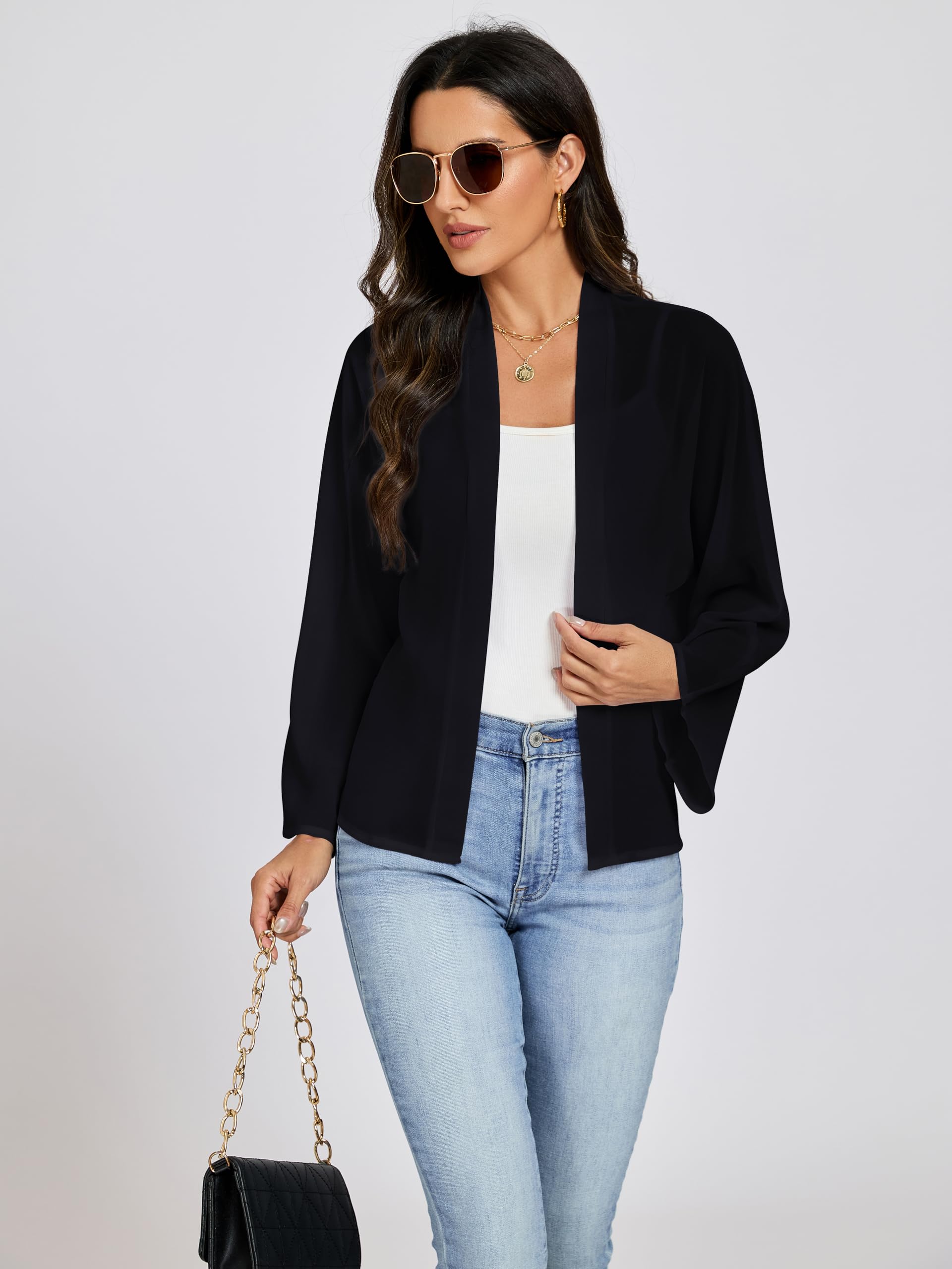 Coprispalle Donna Elegante Cerimonia Cardigan Bolero Top Chiffon Manica Lunga Shrug Aperto sul Davanti Giacca Corta