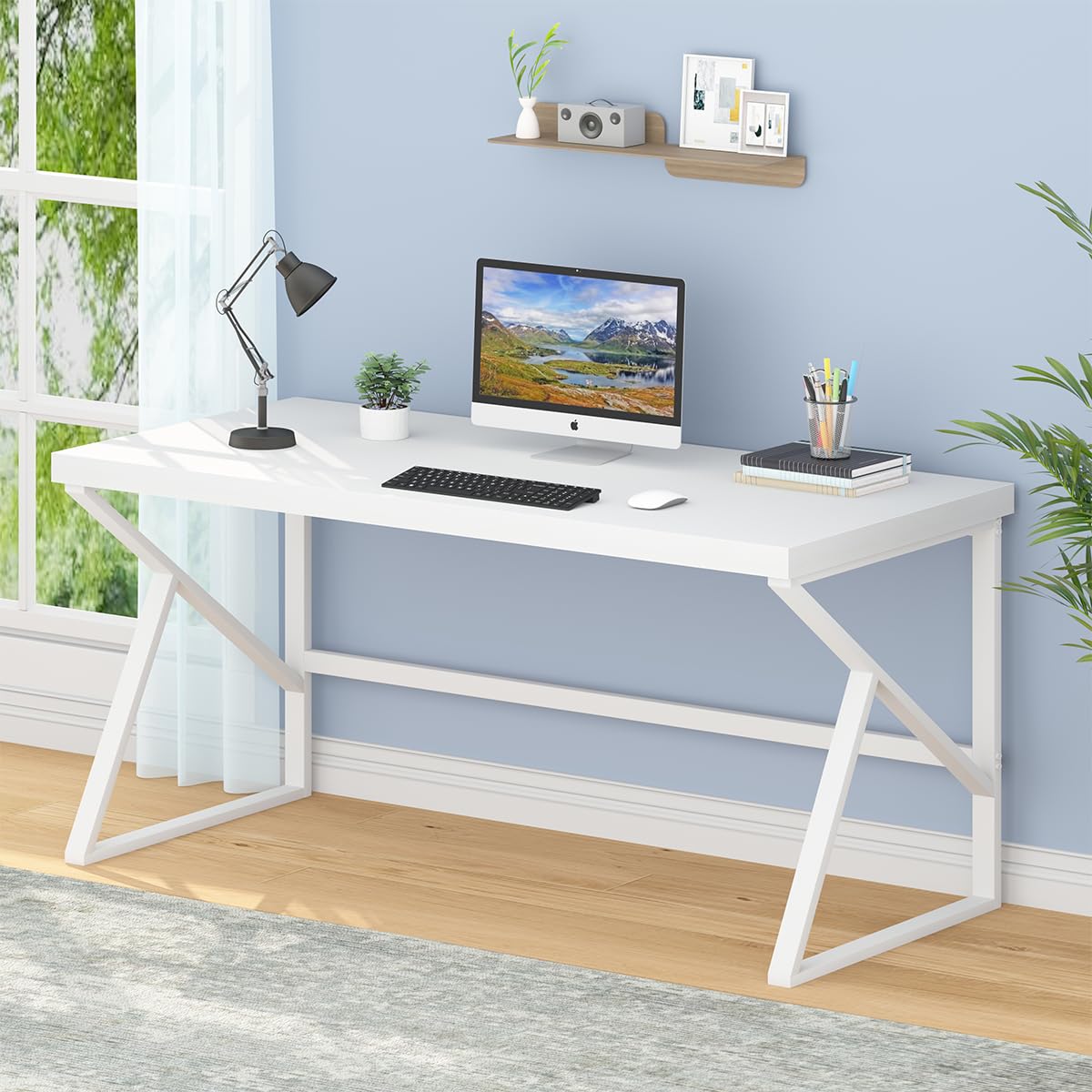 Photo 1 of (used item) HSH White Desk, Modern Home Office PC Laptop Desk, Large Industrial Metal Wood Desk 