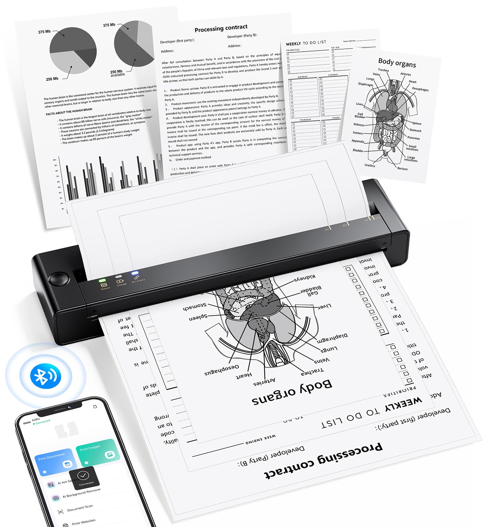 TATTMUSE Portable Printers Wireless for Travel, Inkless Printer for Phone & Laptop, Mobile Thermal Small Bluetooth Compact Dot Matrix Printer for Home Use, Support 8.5" X 11" US Letter & A4 Size