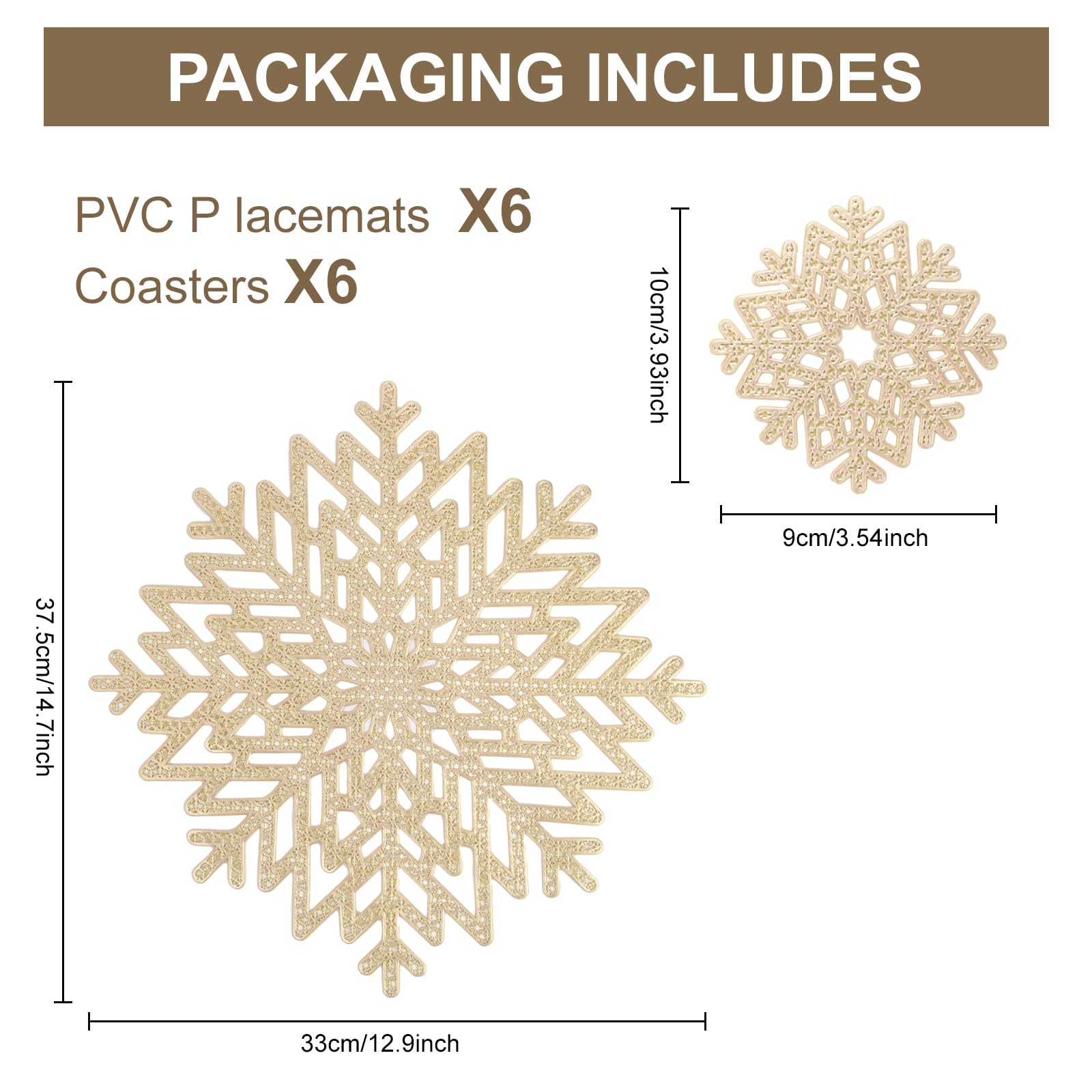 Set De Table Ronds Flocons De Neige - 6 Grands (38 Cm) + 6 Dessous De Verre (10 Cm) - Dorés, Résistants à La Chaleur