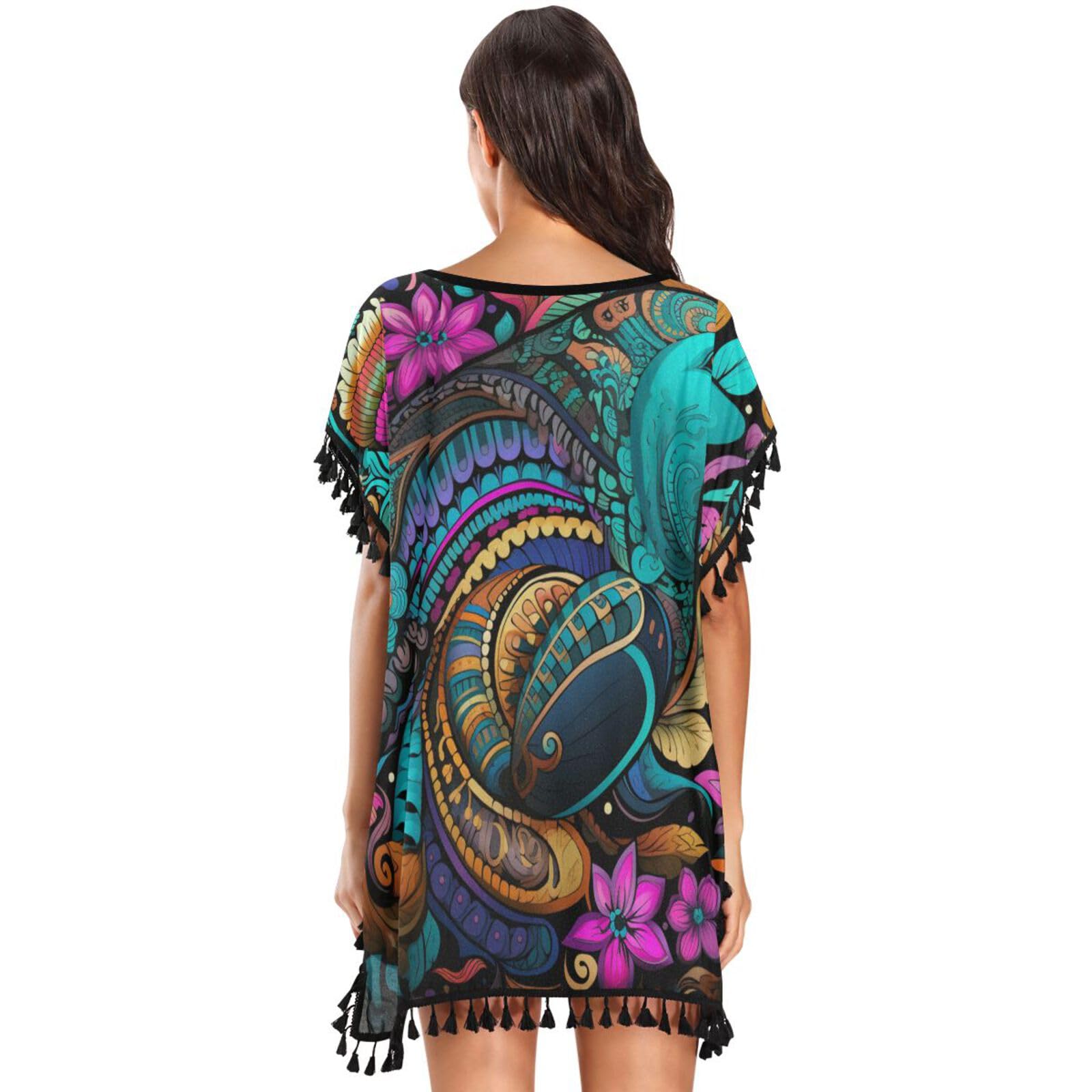 Platypus Flower Pattern Animal Art Women's Beach Cover Up Chiffon Tassel Swimwear Swimsuit Coverups for Girl
